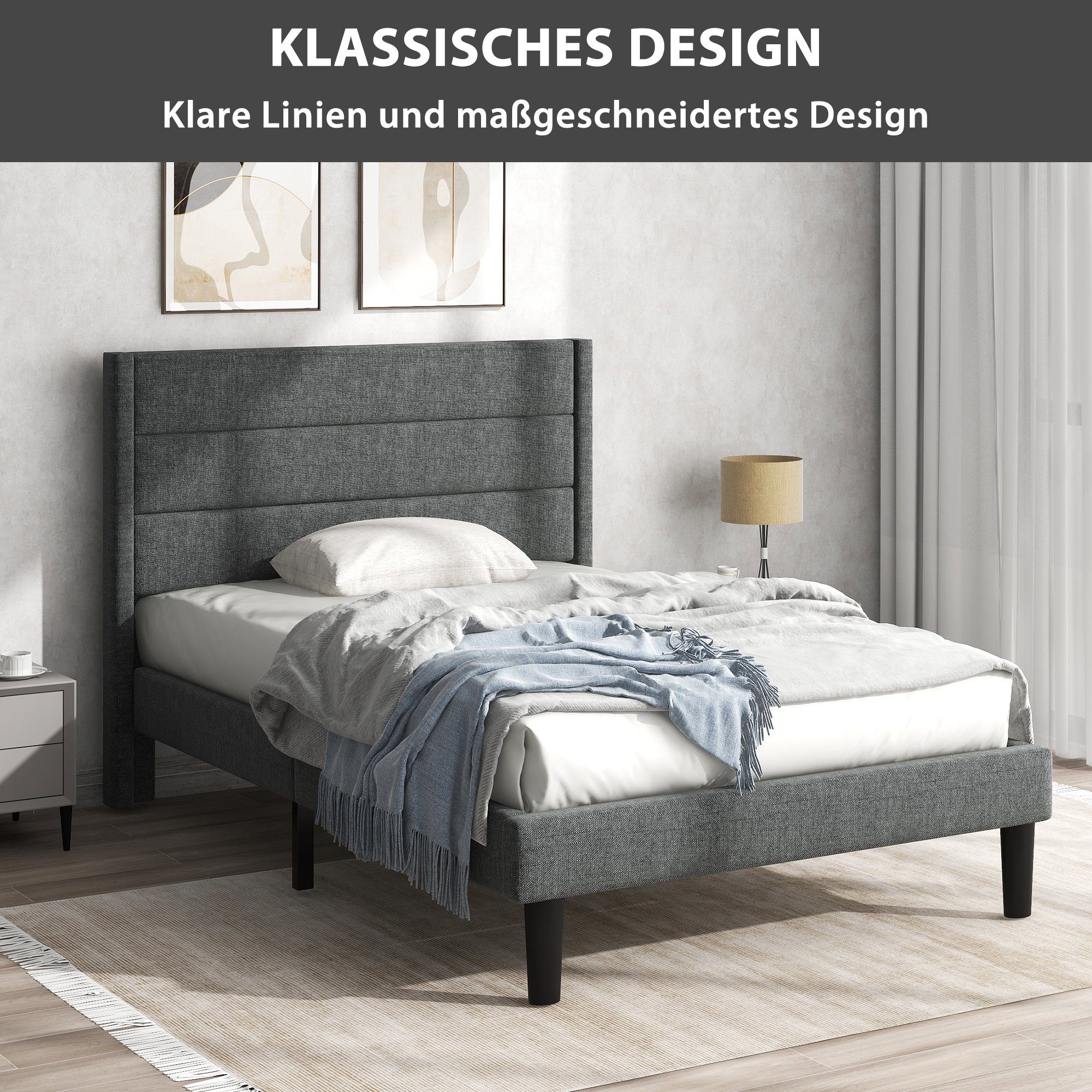 Flieks Polsterbett, gepolstertes Einzelbett Textilbezug Leinen, 90x200cm günstig online kaufen