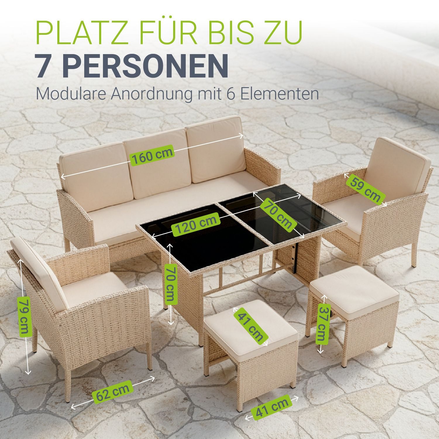 Juskys Gartenlounge-Set Turin, (6-tlg), Polyrattan Sitzgruppe für 7 Personen, Gartenmöbel Set 6-teilig