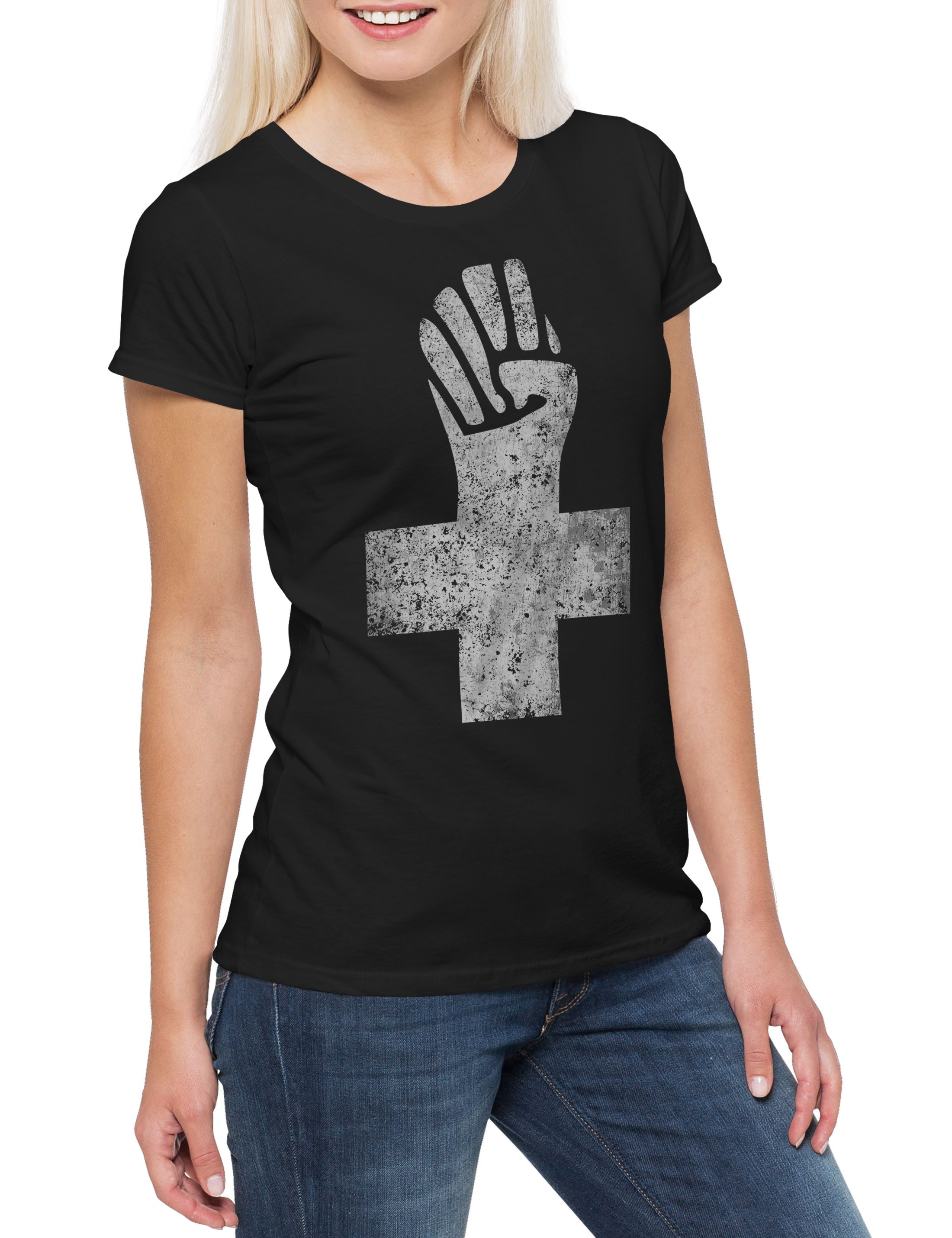 Urban Backwoods Print-Shirt Anarchist Cross Damen T-Shirt Anarchy Kreus Logo Symbol Anarchie Punk (1-tlg) Demo Fist Rock Music