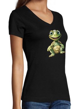 MyDesign24 T-Shirt Damen Wildtier Print Shirt - Baby Schildkröte V-Ausschnitt Baumwollshirt mit Aufdruck Slim Fit, i279