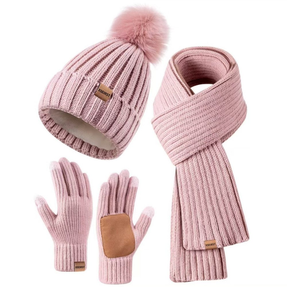 Blusmart Mütze & Schal Wintermütze, Schal und Handschuhe für Damen (Touchscreen-Handschuhe, 3-tlg., Bequem und warm) Für winterliche Outdoor-Aktivitäten wie Skifahren