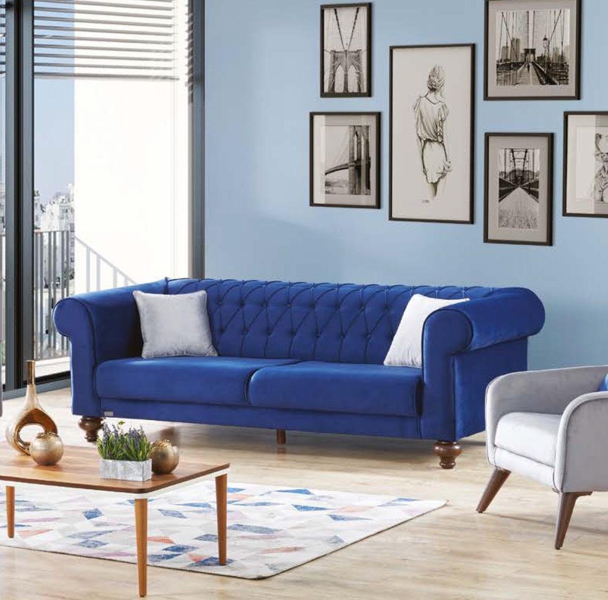 Sofas Dreisitzer Made Sitzer Europe Stil Stoff Möbel, Couch Blauer Textil in Couchen Sofa 3 JVmoebel