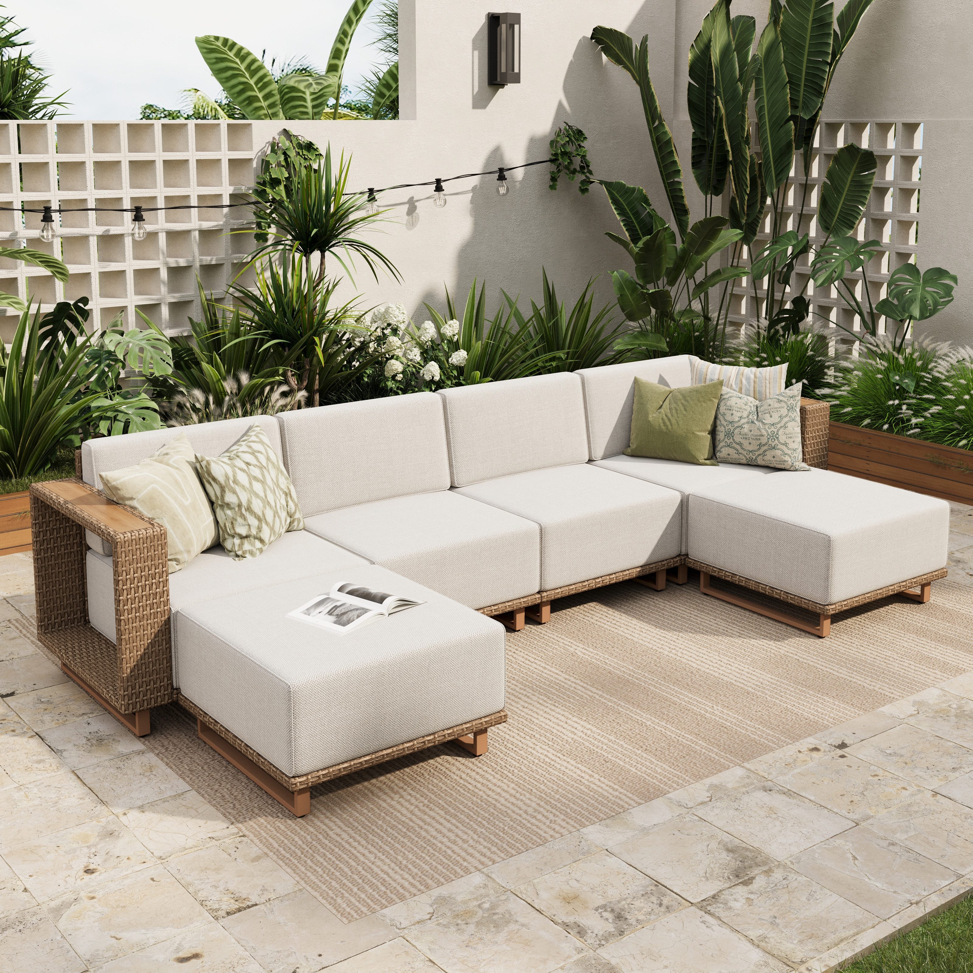 PHI VILLA Gartenlounge-Set, (Rattan Gartenmöbel Set Balkonmöbel, Allwetter Gartensofa Terassenmöbel Außen mit Dicken Weißen Kissen), Lounge Möbel Outdoor Sofa Sets für Garten und Terrasse