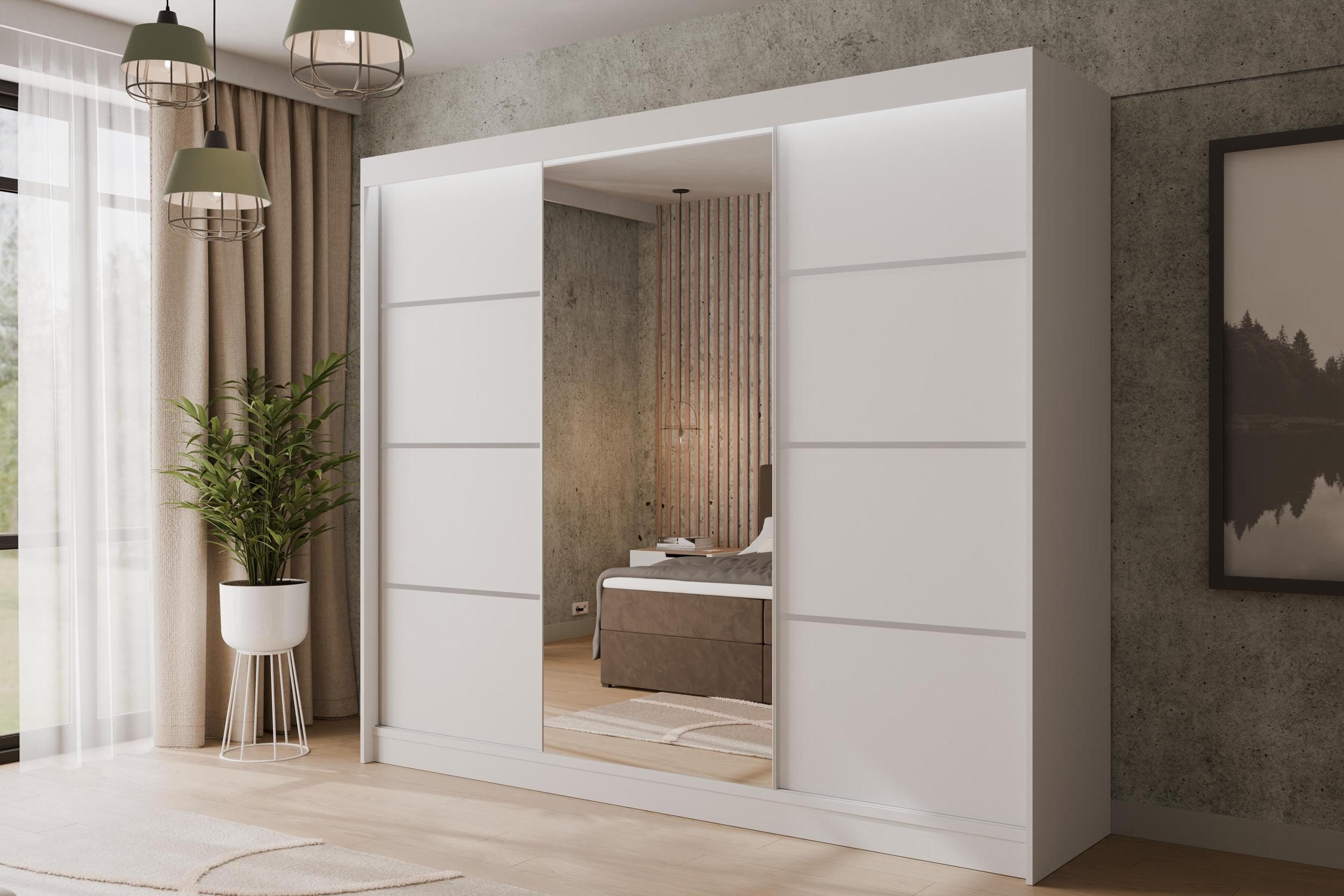 ALTDECOR Schiebetürenschrank PAOKI (Kleiderschrank Garderobenschrank mit viel Stauraum Moderner Schrank) Spiegel Spiegeltüren Vielseitiger Schwebetürenschrank LED Beleuchtung