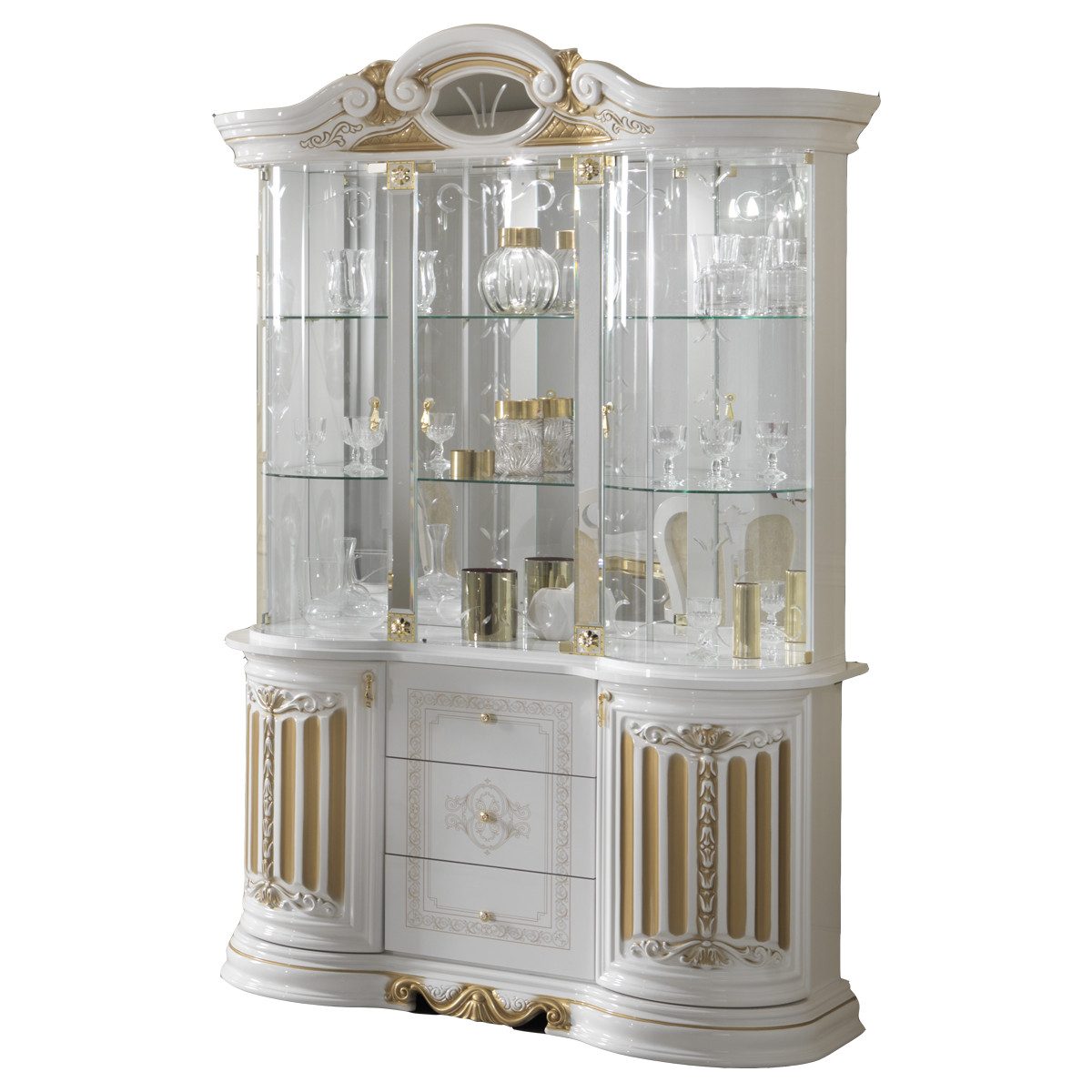 Interdesign24 Glasvitrine Bella (5-Türig, mit 3 Schubladen, im Barock-Stil, mit Goldverzierungen) in Weiß/Gold Hochglanz