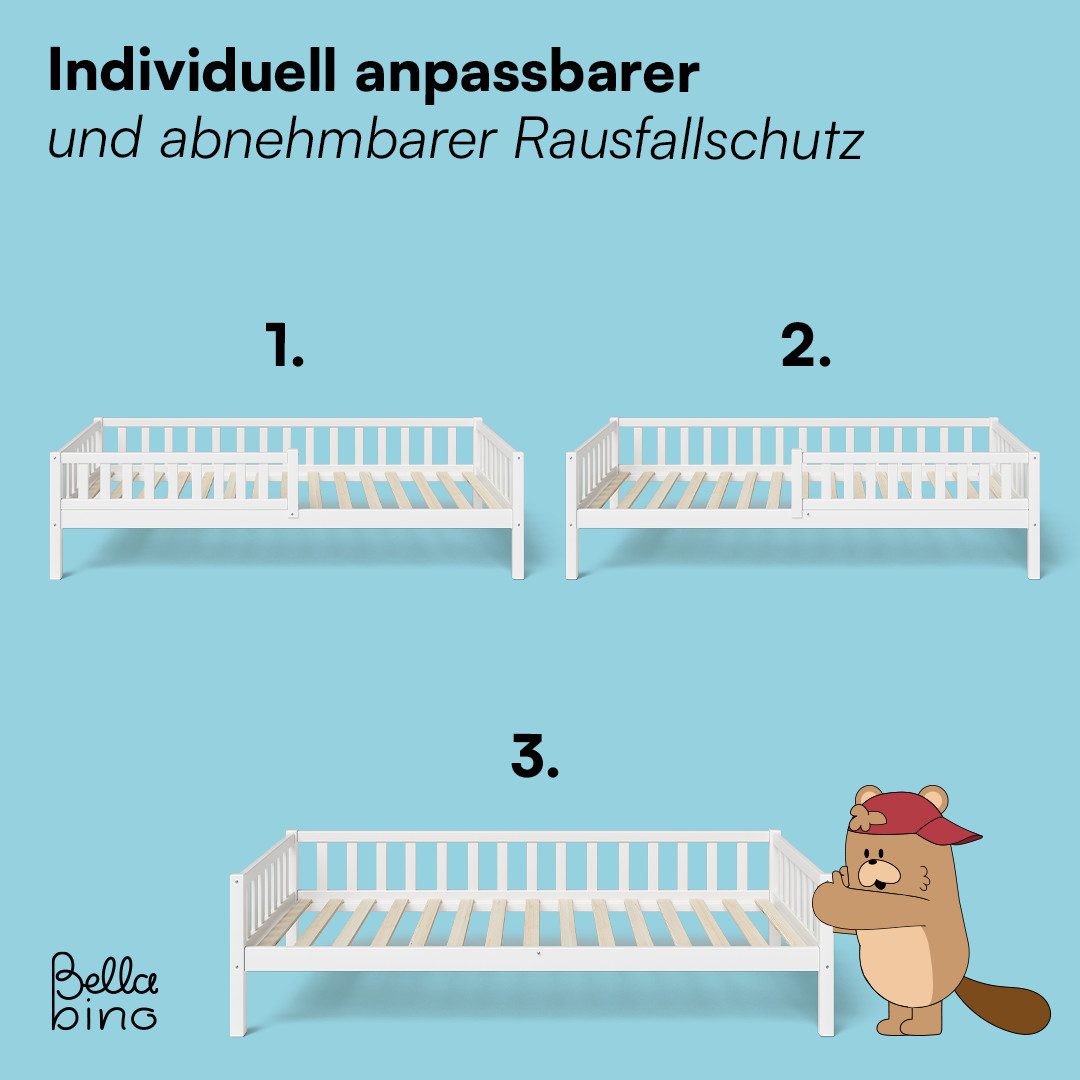 Bellabino Kinderbett Vils mit Lattenrost und Rausfallschutz 90x200 cm (weiß, mit großer Schublade, optional mit Matratze), aus Kiefer Massivholz