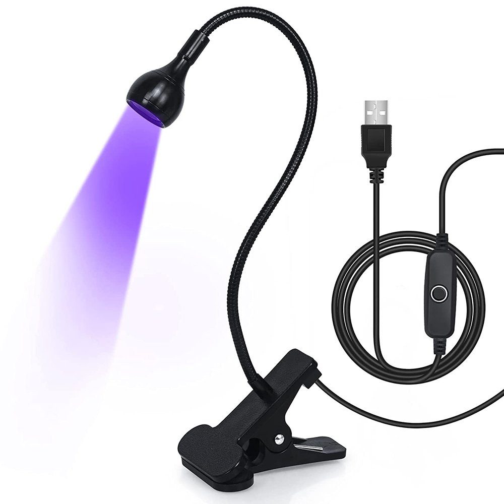 Rosnek LED Discolicht 3W 395nm, UV, Klemme, USB, für fluoreszierende Farbe Poster Party, Violett, mit flexiblem Schwanenhals Schwarz