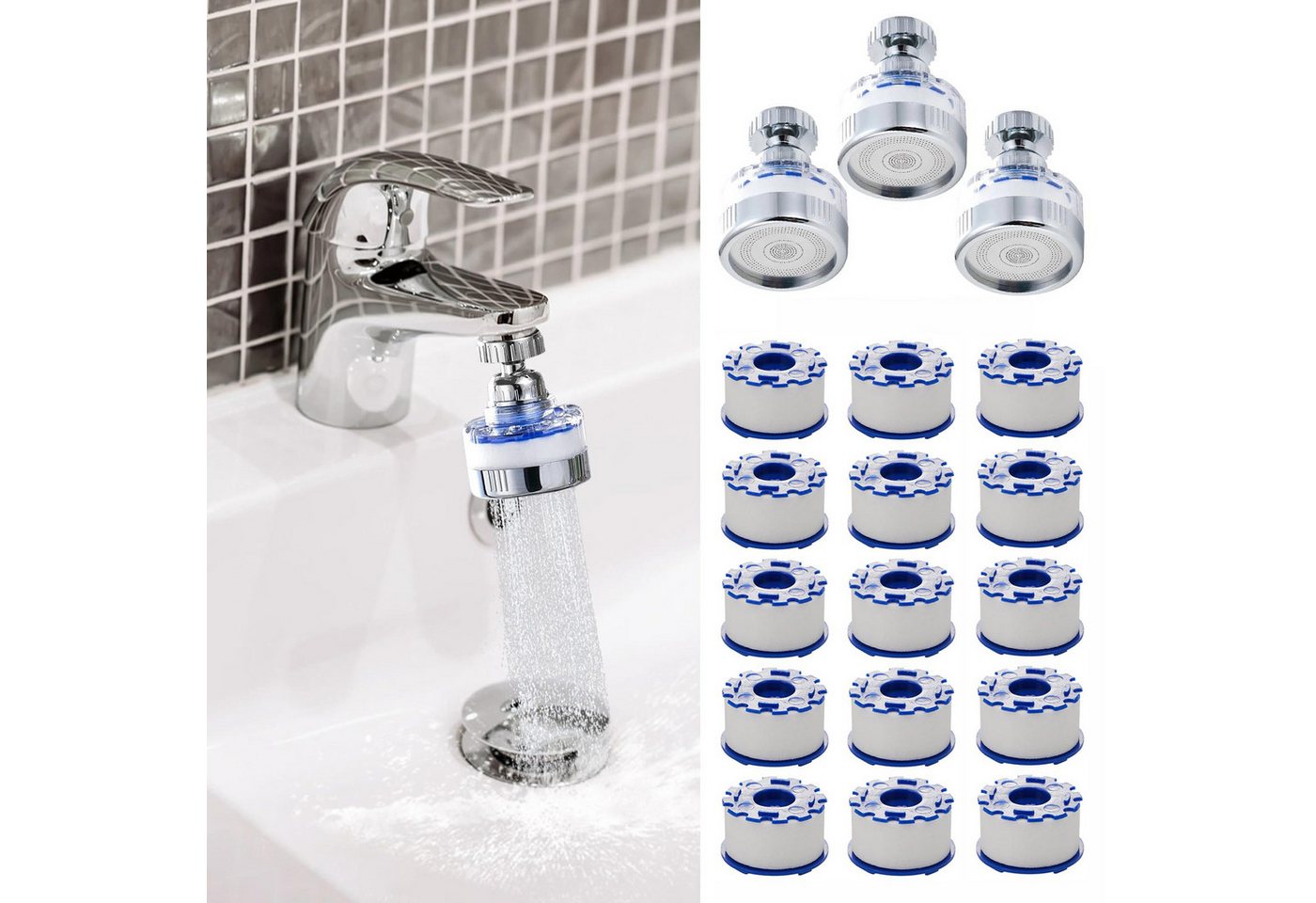 Diwzbyn Wasserhahnfilter Wasserhahnfilter 360° drehbar für Küche, Kalk & Chlor Filter, Für Küche & Bad, reduziert Fluorid, verbessert hartes Wasser