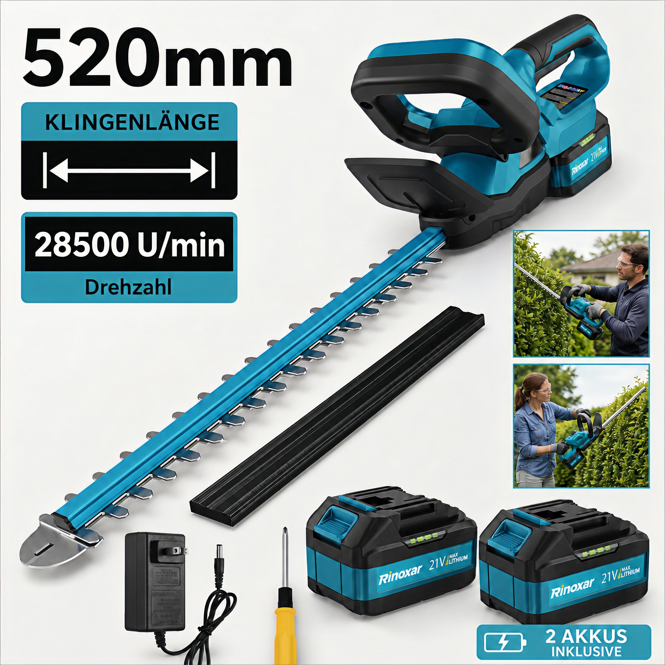 Rinoxar Akku-Heckenschere Akku Heckenschere 21V mit 8000mAh Akku, 600W Bürstenlosem Motor, 52cm Lange Astschere Grasschere für Garten, Sträucher und Randpflanzen
