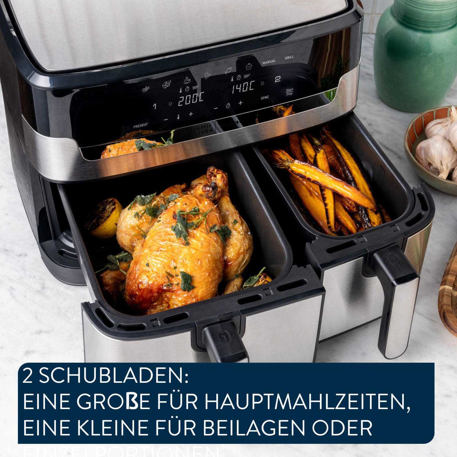 Tefal Heißluftfritteuse Jamie Oliver by Tefal Dual Easy Fry & Grill, 2 unabhängige Garzonen, 2700 W, Heissluftfritteuse Doppelkammer, 8 automatische Programme, EY90JDE
