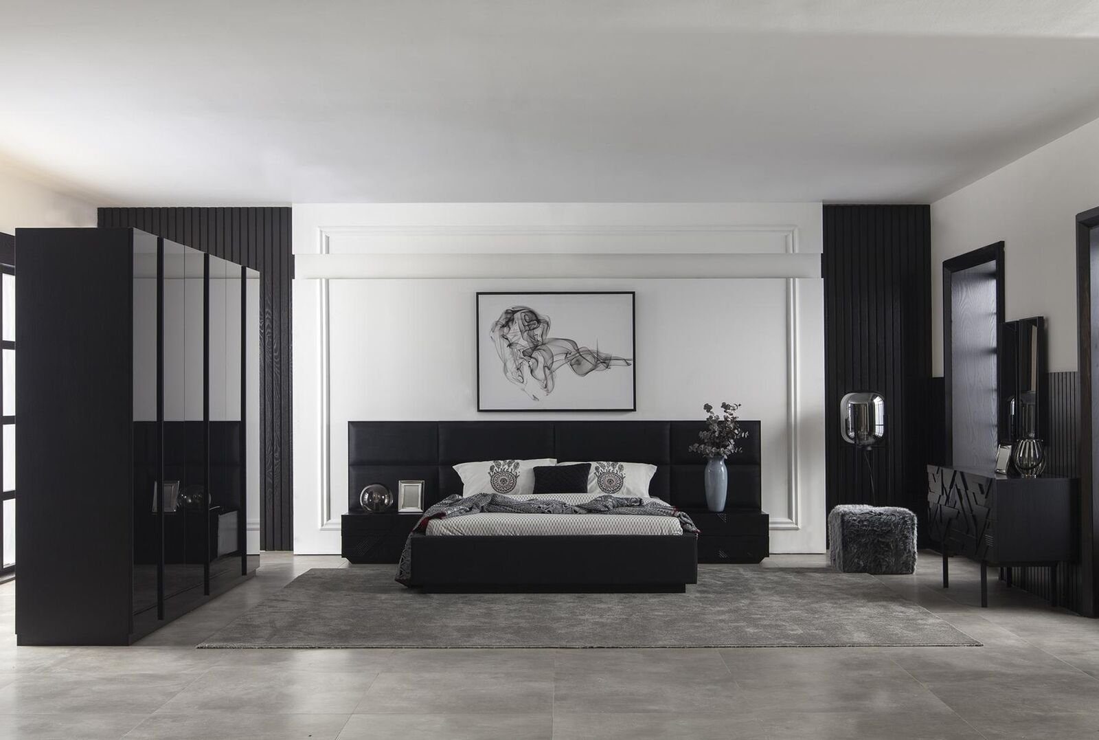 JVmoebel Schlafzimmer-Set Schlafzimmer Garnitur 4tlg. in schwarz Luxusgarnitur mit Stauraum, (4-St., 1x Bett + 2x Nachttische + 1x Kommode), Made in Europa