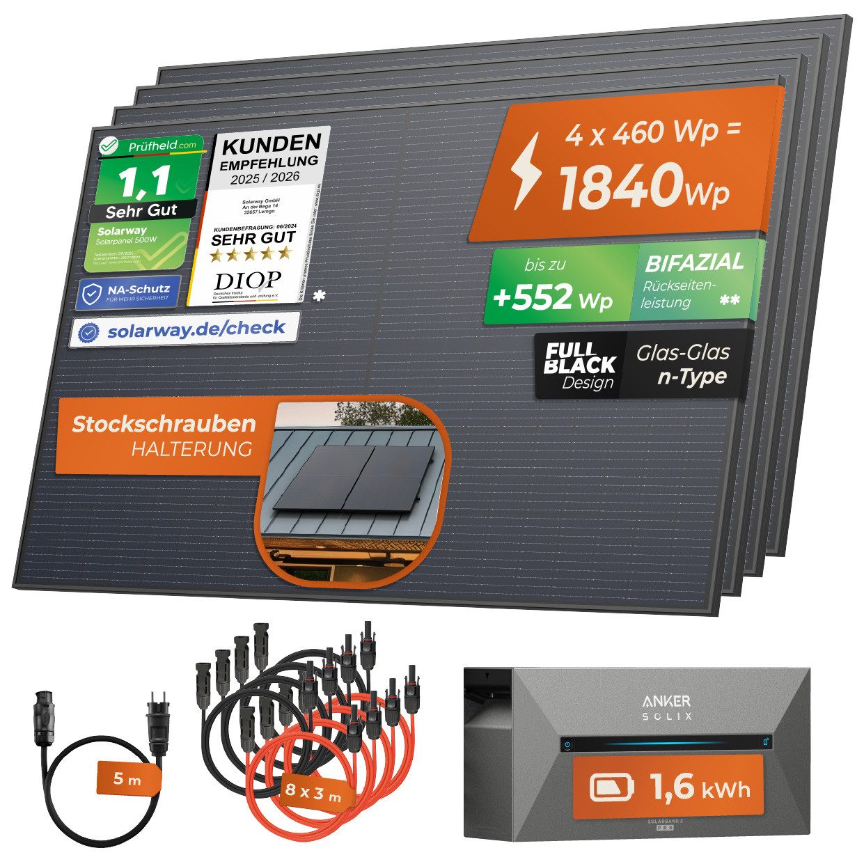 Solarway Balkonkraftwerk 1840 Wp / 800 Watt All in One mit 1,6 kWh Anker 2 Pro Speicher, 1840 W, Monokristallin, (460W Solarmodule & Anker Speicher & Zubehör), Komplettset Solaranlage Steckdose / Bifazial