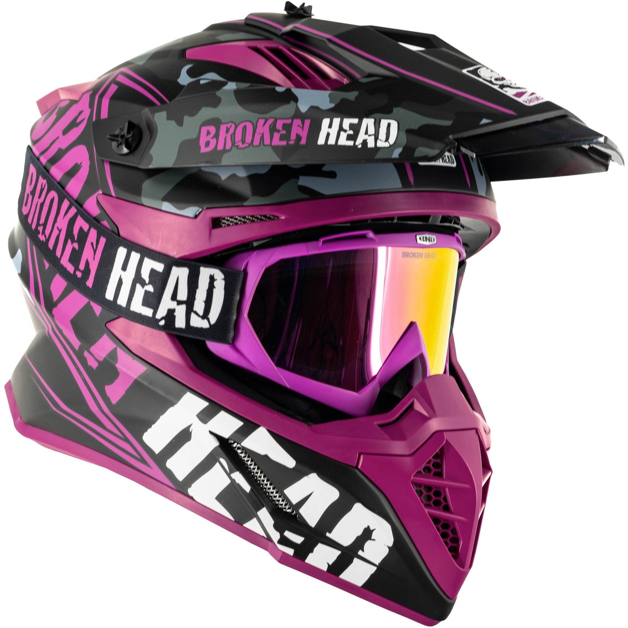 Broken Head Motocrosshelm Squadron Rebelution Pink + MX-2 Brille Pink (Mit MX-2 Brille Pink Verspiegelt), Zwei Verschlüsse