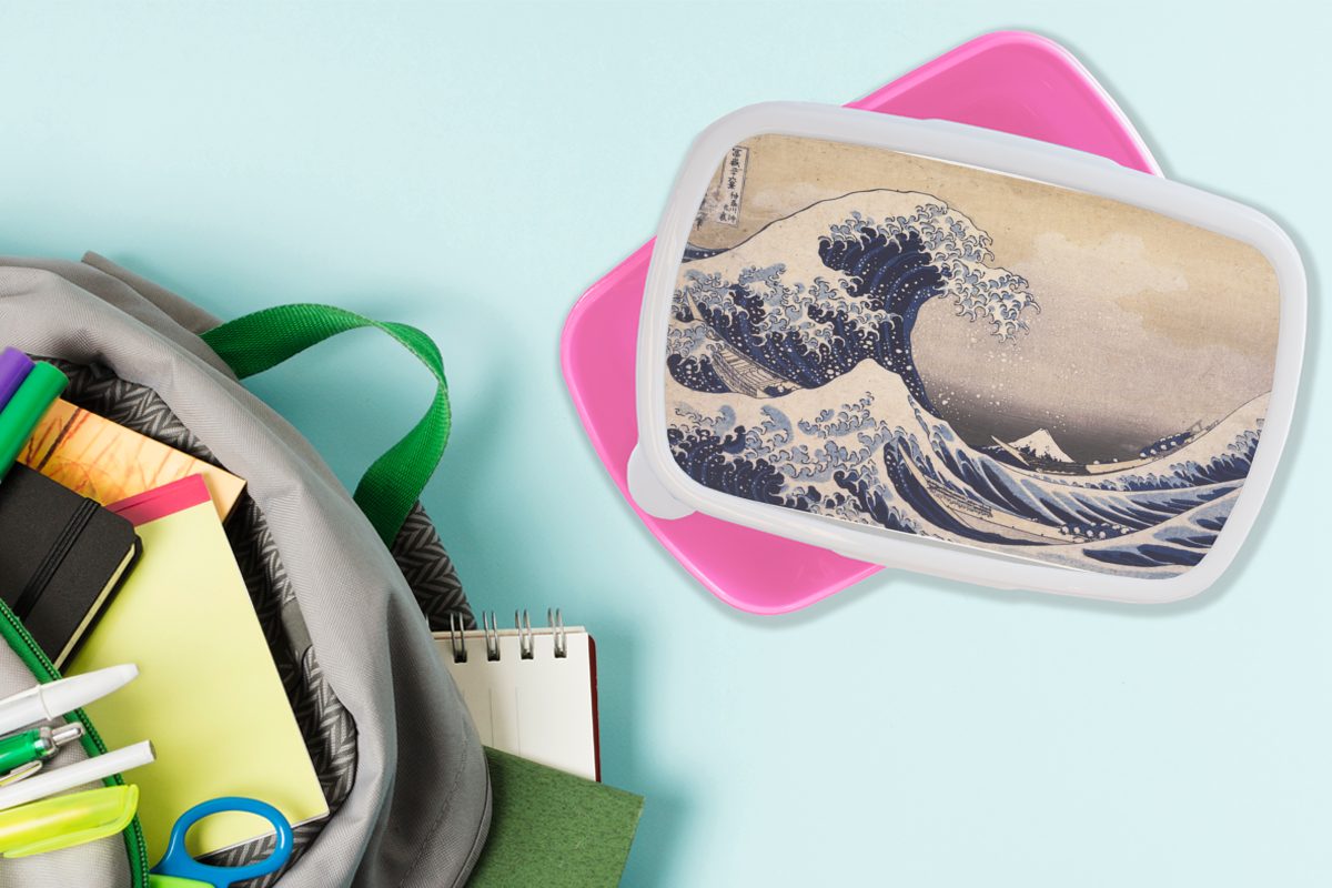 MuchoWow Snackbox, von Lunchbox Kinder, (2-tlg), große für Kluft - Hokusai, Erwachsene, Katsushika Gemälde Kunststoff von rosa Kanagawa Brotdose Mädchen, Kunststoff, Die Brotbox