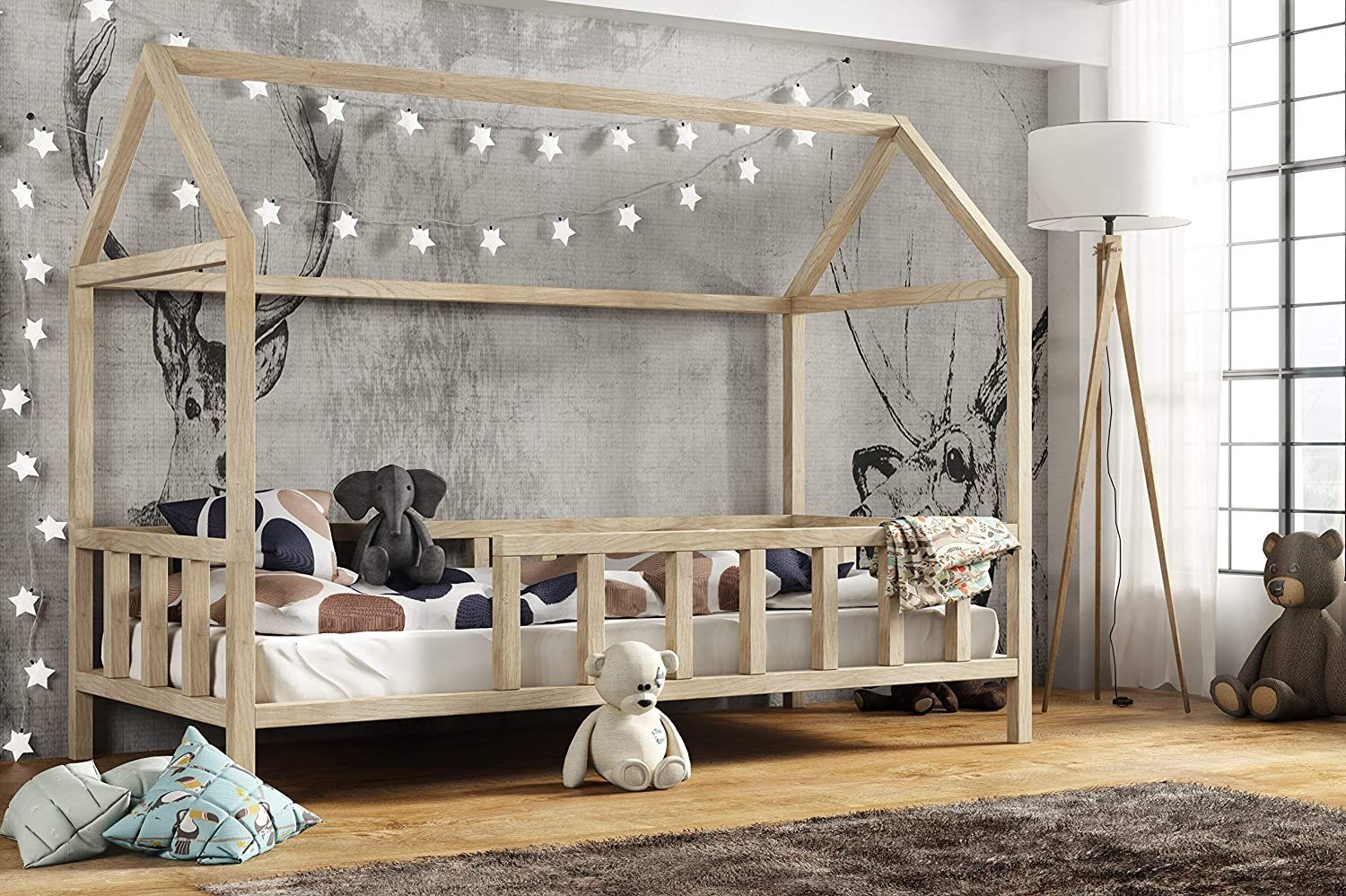 Tanato Kinderbett »Hausbett 90x200 cm«, inkl. Rollrost, Kinderhaus mit  Rausfallschutz Sicherheitsbarrieren Natur Haus Holz Bett