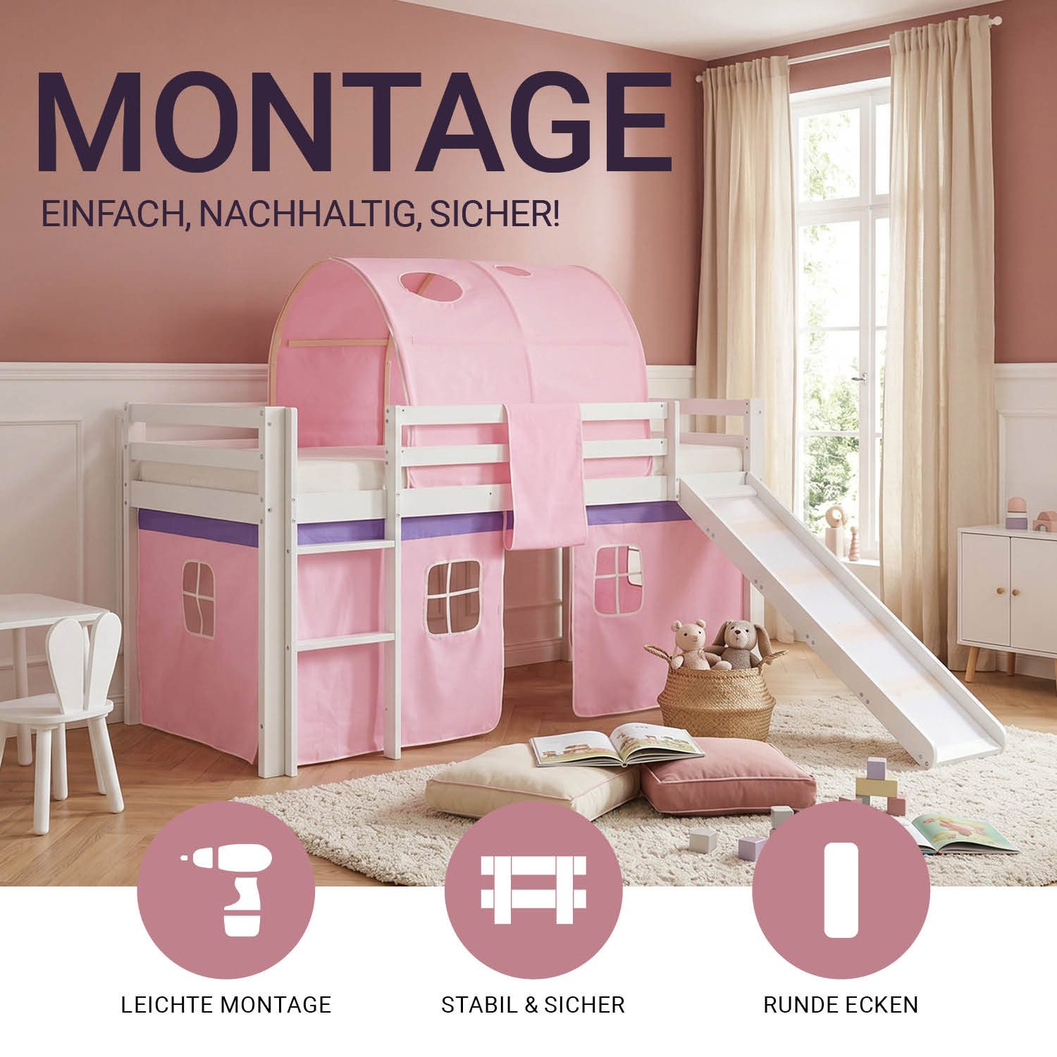 Homestyle4u Hochbett 90x200 Kinderbett mit Leiter und Vorhang Weiß Rosa Holz Treppe Kinder (Komplett-Set mit Lattenrost, mit Rutsche, mit Tunnel, Matratze mit OEKO-TEX® Standard 100) Kiefer, Jungen Mädchen, Spielbett