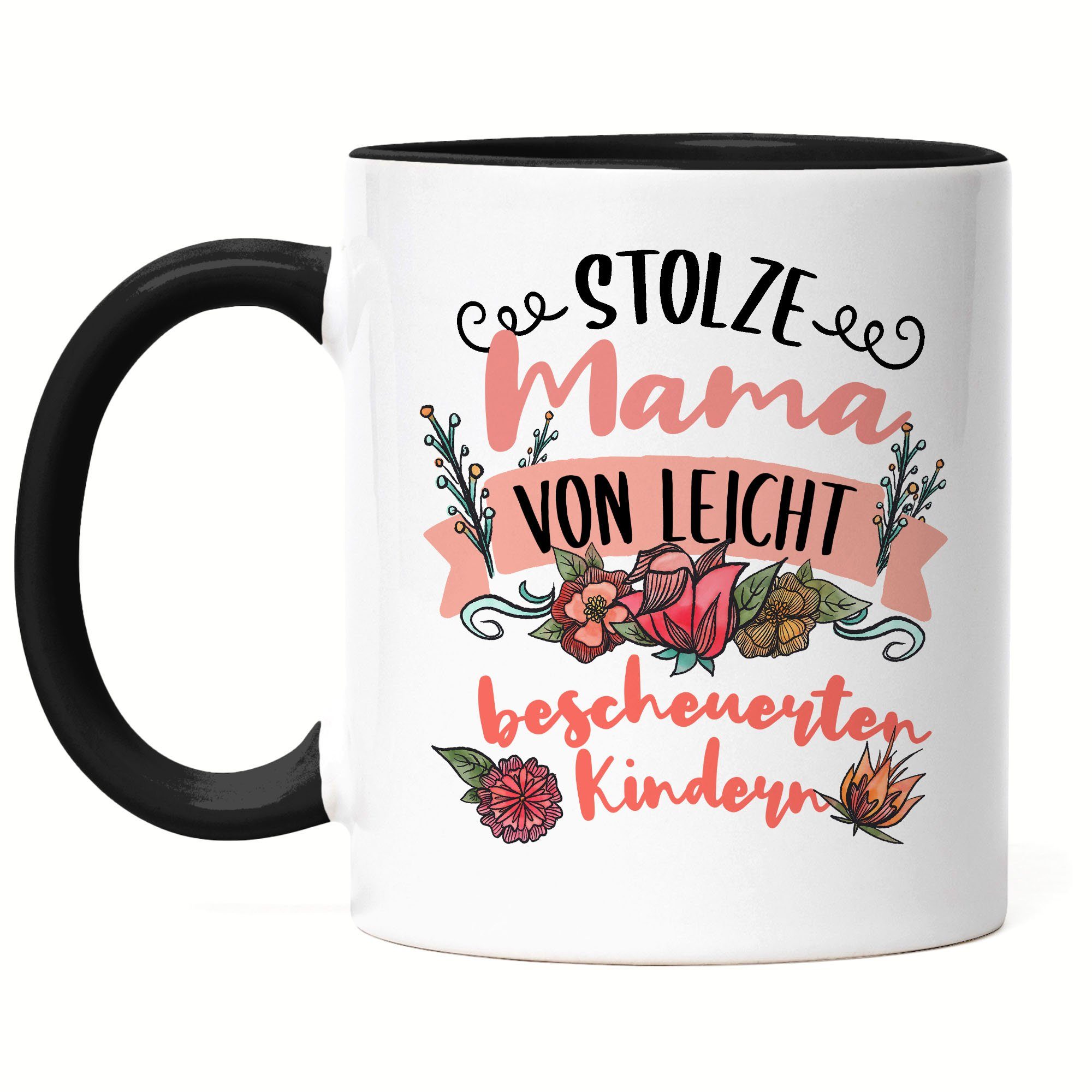Hey!Print Tasse Stolze Mama von leicht bescheuerten Kindern Tasse Lustig Mutter Muttertag Spruch Geschenk Mama Mami Schwarz