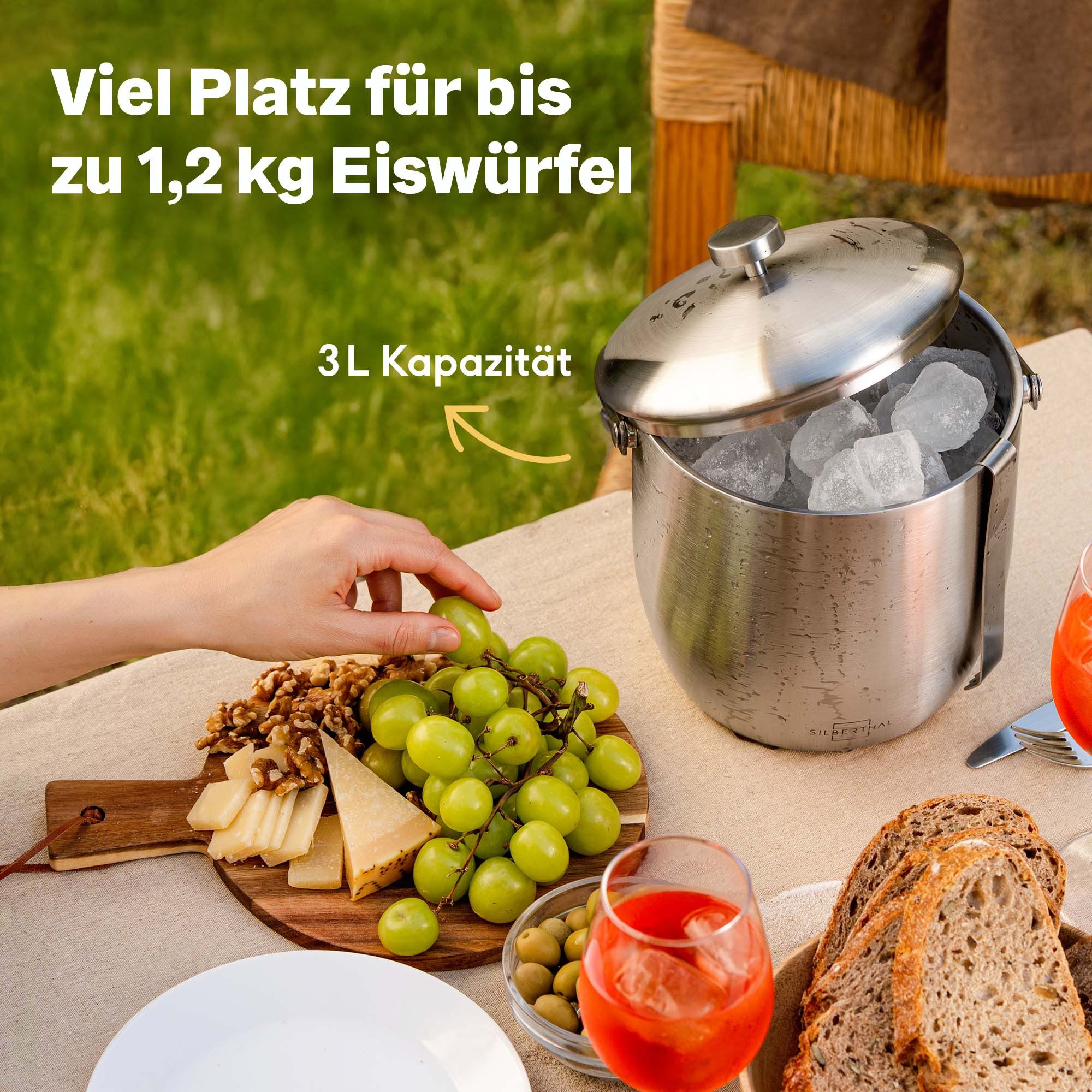SILBERTHAL Eiseimer Eiswürfelbehälter 3l mit Deckel, inklusive Eissieb und Zange