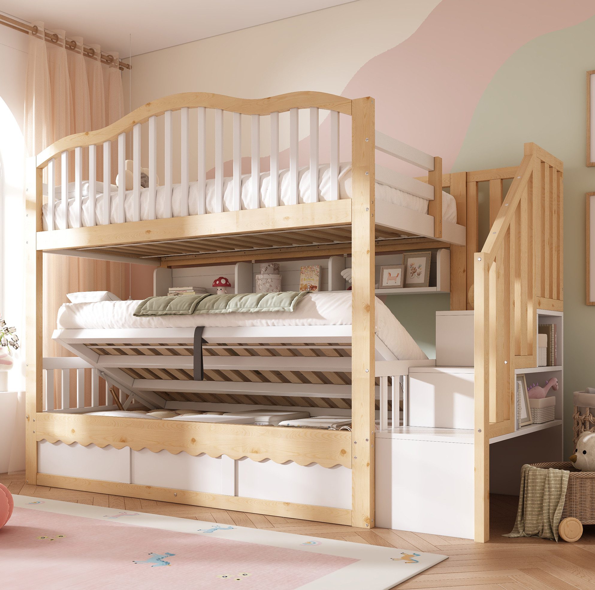 MODFU Etagenbett Kompaktes Kinder-Hochbett – 252×98×170 cm mit Stauraum & Treppe (Packung, Weiß+Eiche, ohne Matratze, für Kinderzimmer & Gäste), 2×90×200 cm, Regale, Hydraulik, sicher