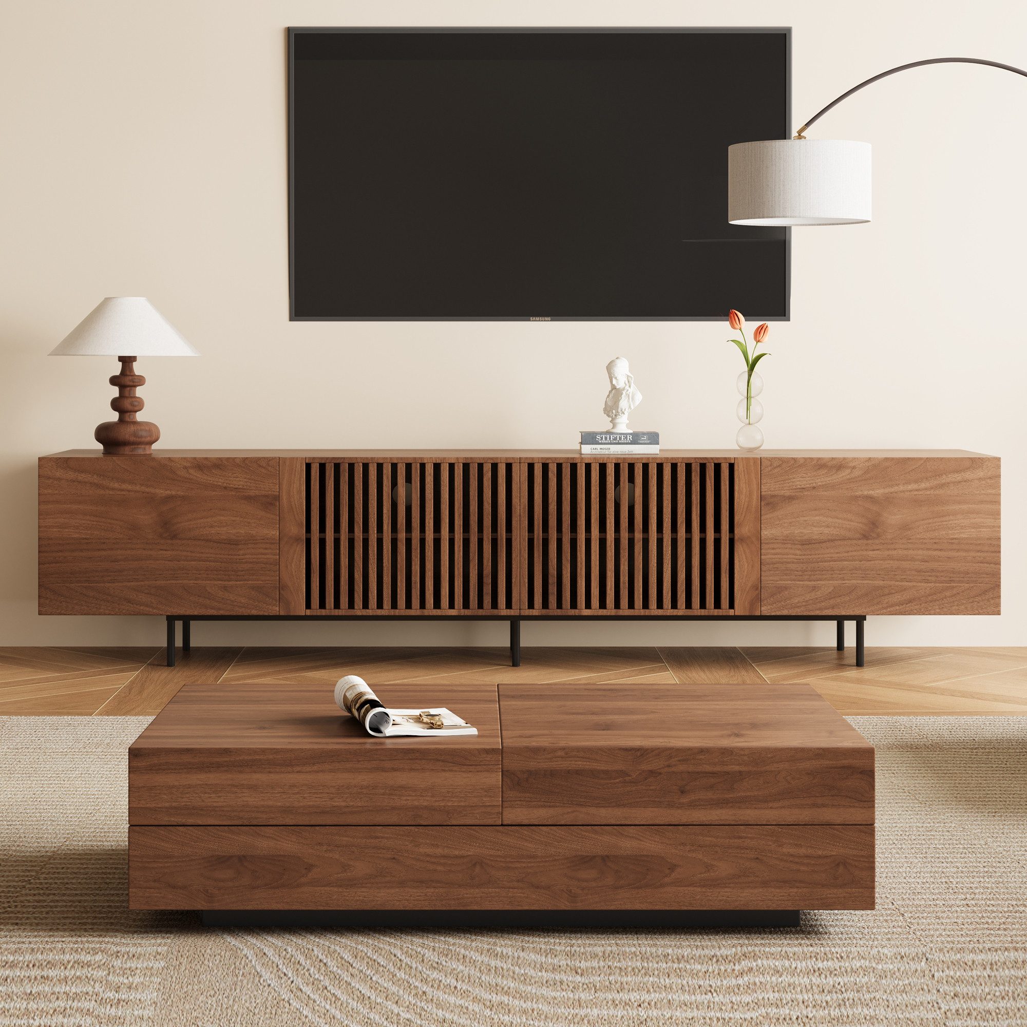 oleyluckidea TV-Schrank Moderner TV-board 75 Zoll, Medienkonsole mit Stauraum, Nussbaum (Set) Breite 180/240 cm