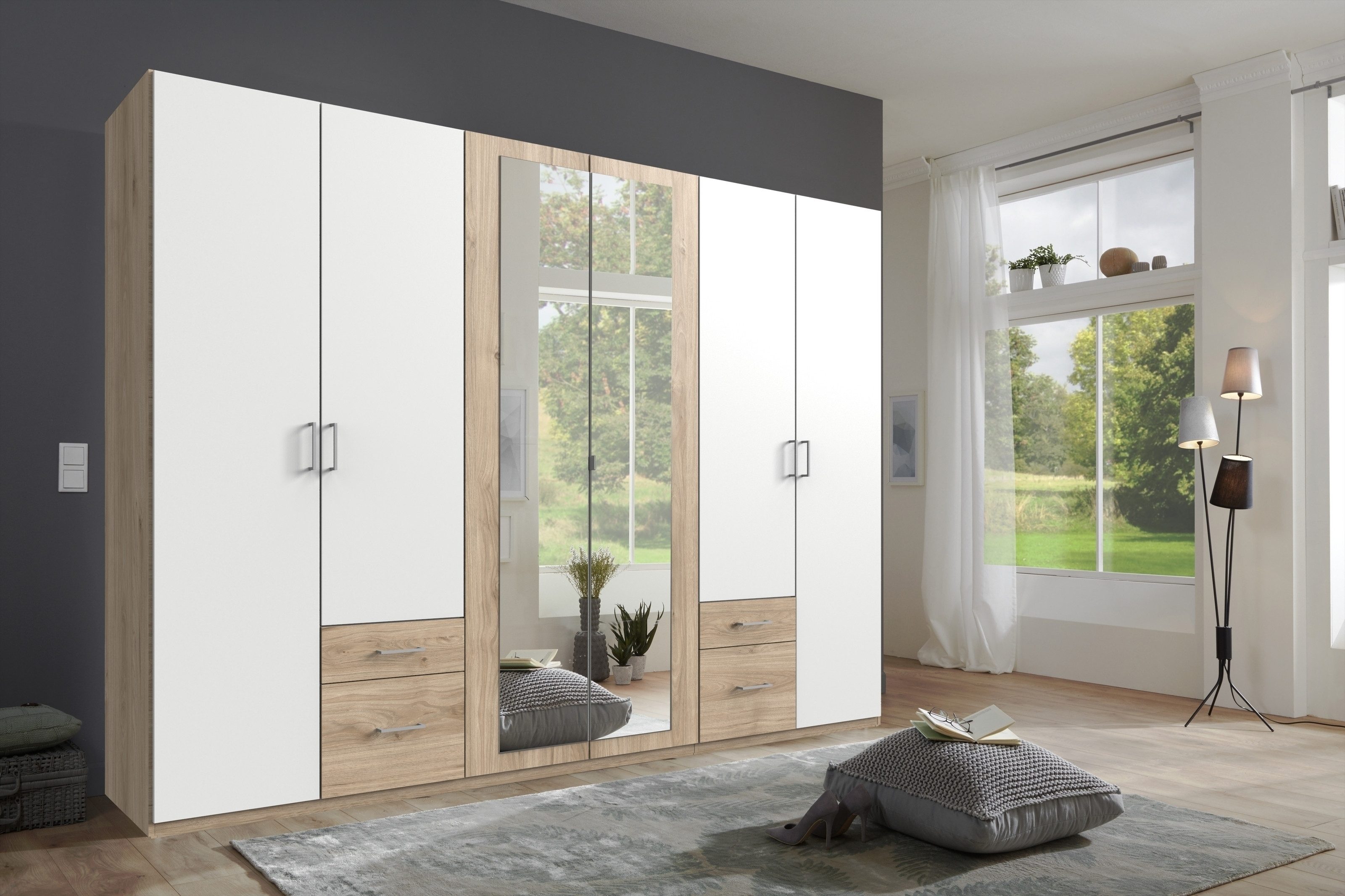 freiraum Drehtürenschrank Freiburg in WEISS + HICKORY OAK NB - 270x208x58cm (BxHxT)