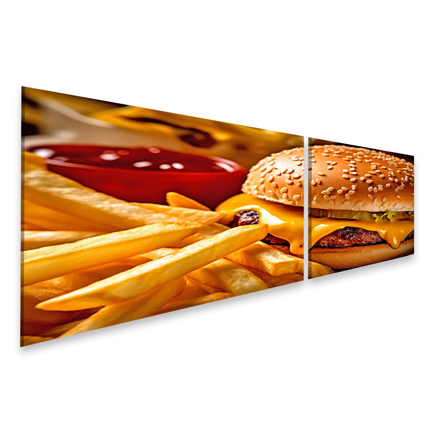 Leinwandbild Frisches Fast Food: Hamburger Pommes Frites Bilder