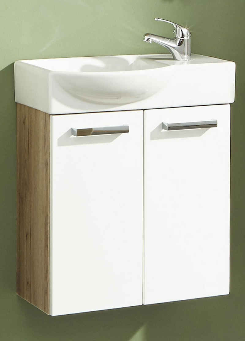 Posseik Möbel Badmöbel-Set Handwaschplatz Marano San-Remo-Eiche-hochglanz-weiß