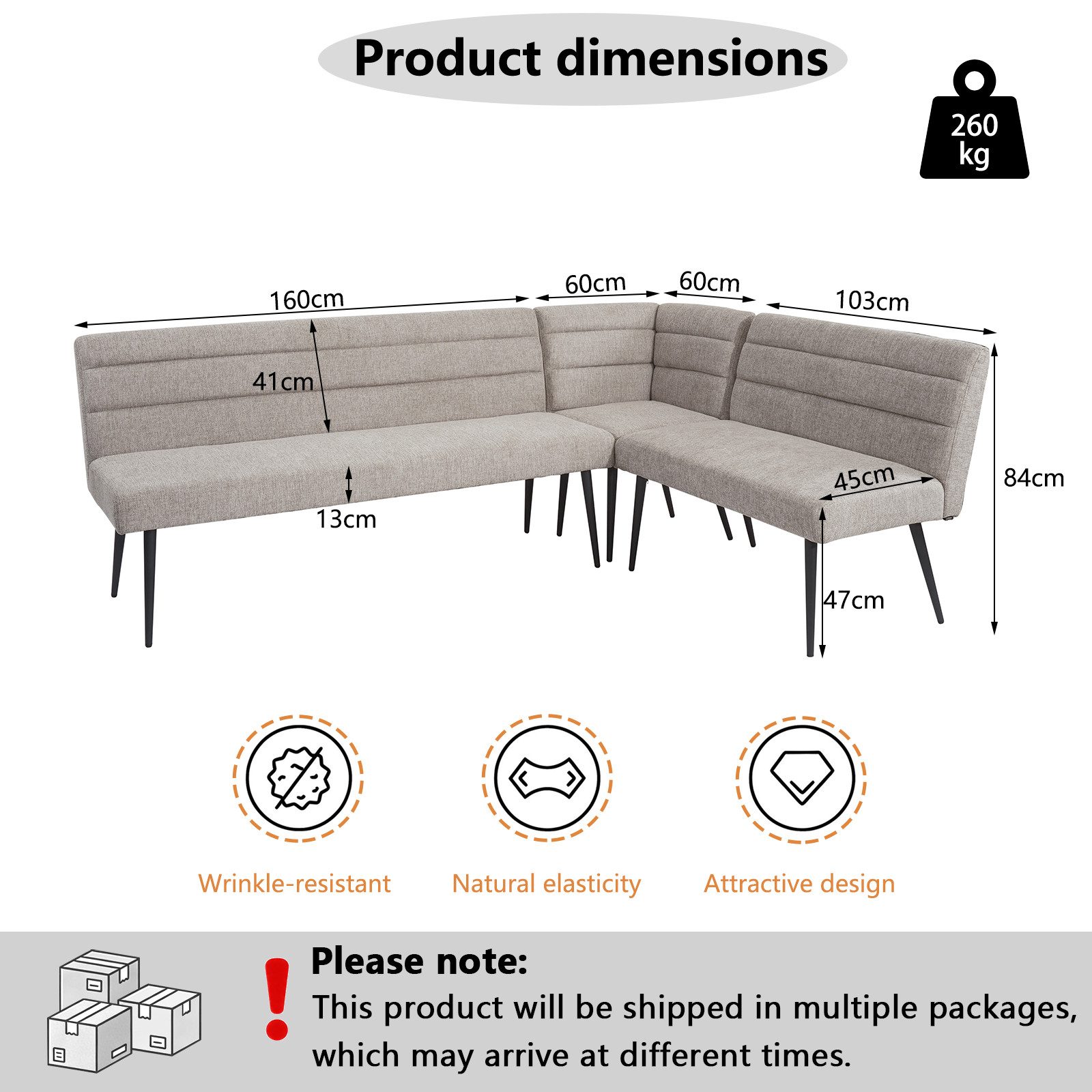Jiexi Essgruppe Esszimmer-Set: Eckbank & Esstisch, Polyesterstoff, Metallbeine – Bild 3 von 5