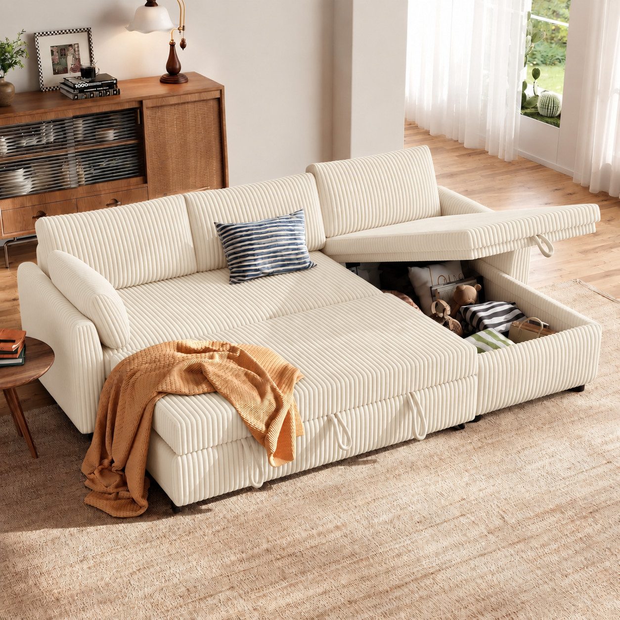 Patbrela Ecksofa mit Schlaffunktion, L-Form Ausziehbares Sofa mit Stauraum, Extra tiefe Sitzfläche; Links/Rechts montierbare Ottomane