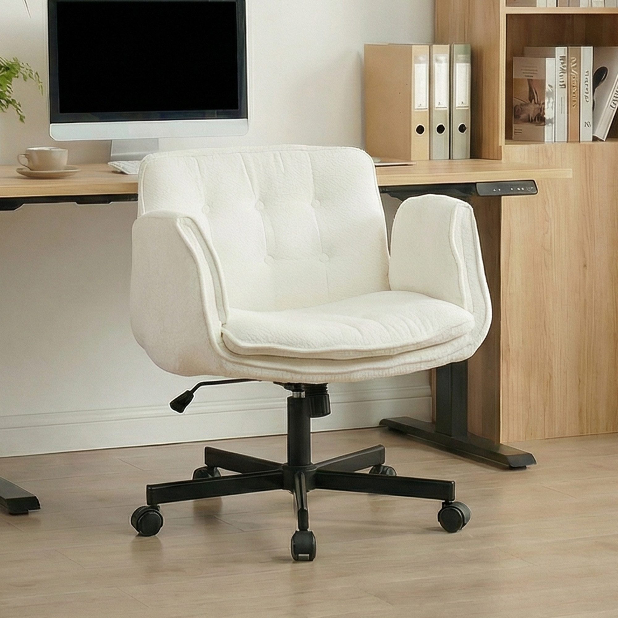 Leawin Drehstuhl Bürostuhl ergonomisch mit breitem Sitz & 5-fach Armlehnen, Schreibtischstuhl mit Chenille-Bezug, Rollen & 150 kg