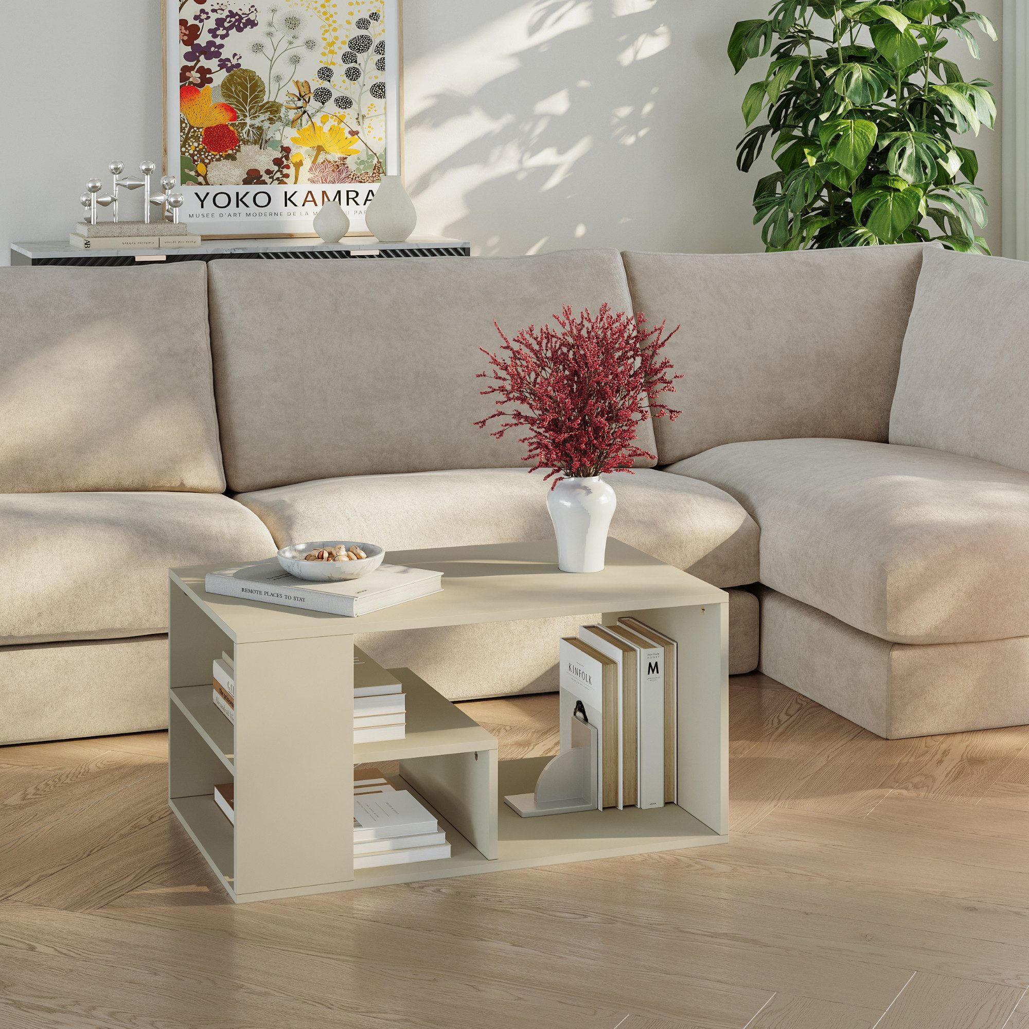 en.casa Couchtisch, »Antaa« 80 x 50 x 40 cm mit Stauraum rechteckig Sandfarben