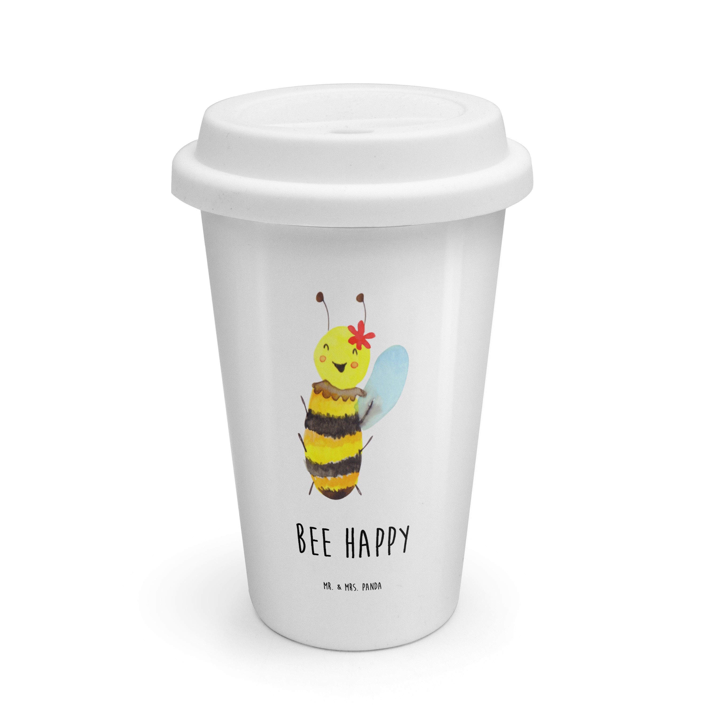 Mr. & Mrs. Panda Coffee-to-go-Becher Biene Happy, Thermobecher, Weiß, ToGo Kaffeebecher, Thermobecher, Hum, Keramik, Wiederverwendbarer Becher Coffee To Go Becher Thermokaffeebecher