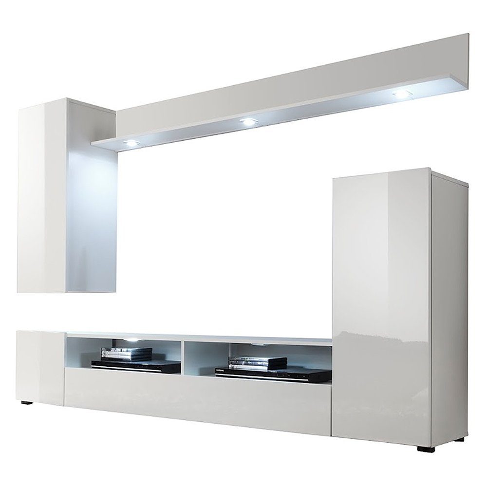 trendteam Wohnwand, Anbauwand Weiß Hochglanz inkl. Beleuchtung 208 x 165 x 34 cm