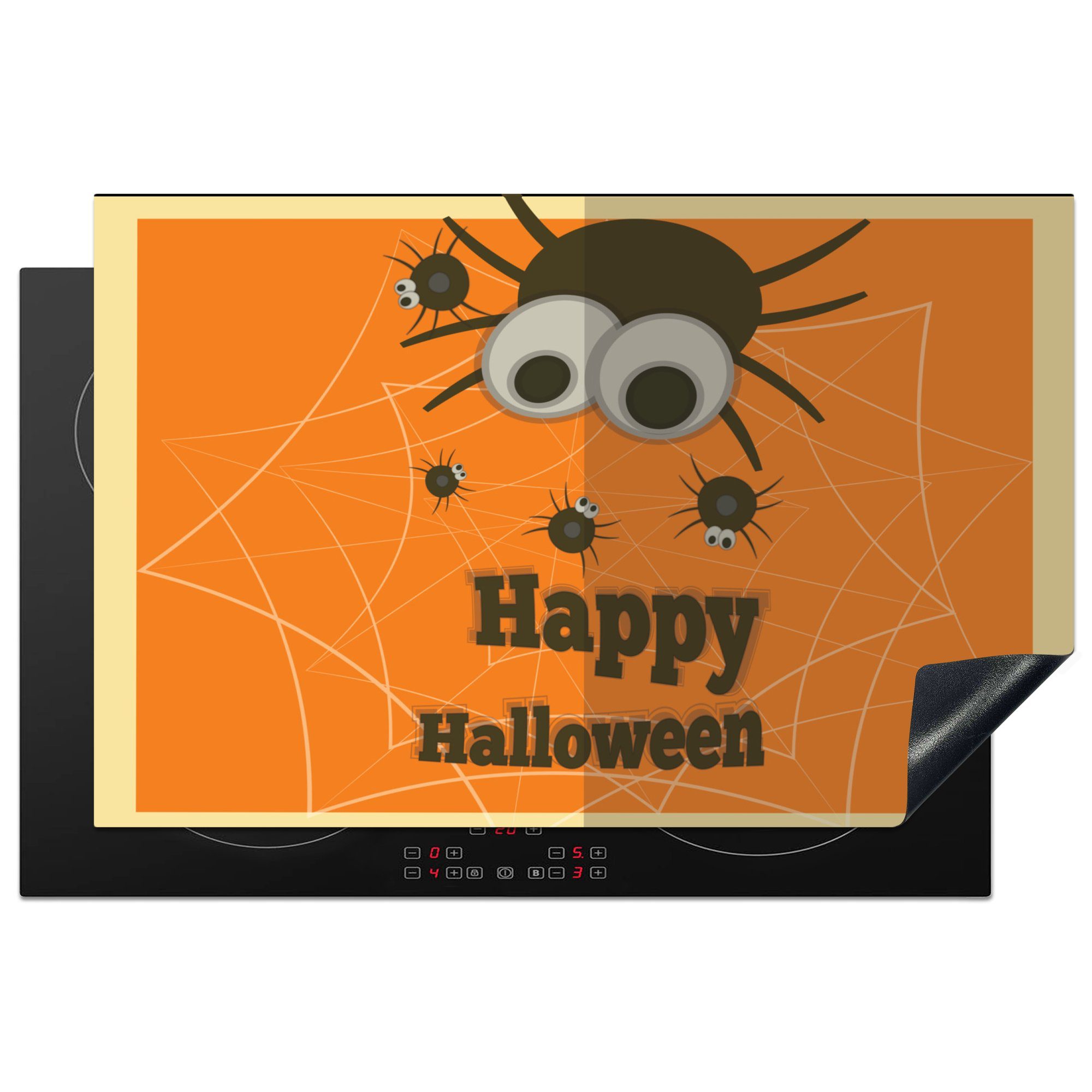 MuchoWow Herdblende-/Abdeckplatte Happy Halloween' mit Spinnen auf orangem Hintergrund, Vinyl, (1 tlg), 81x52 cm, Induktionskochfeld Schutz für die küche, Ceranfeldabdeckung