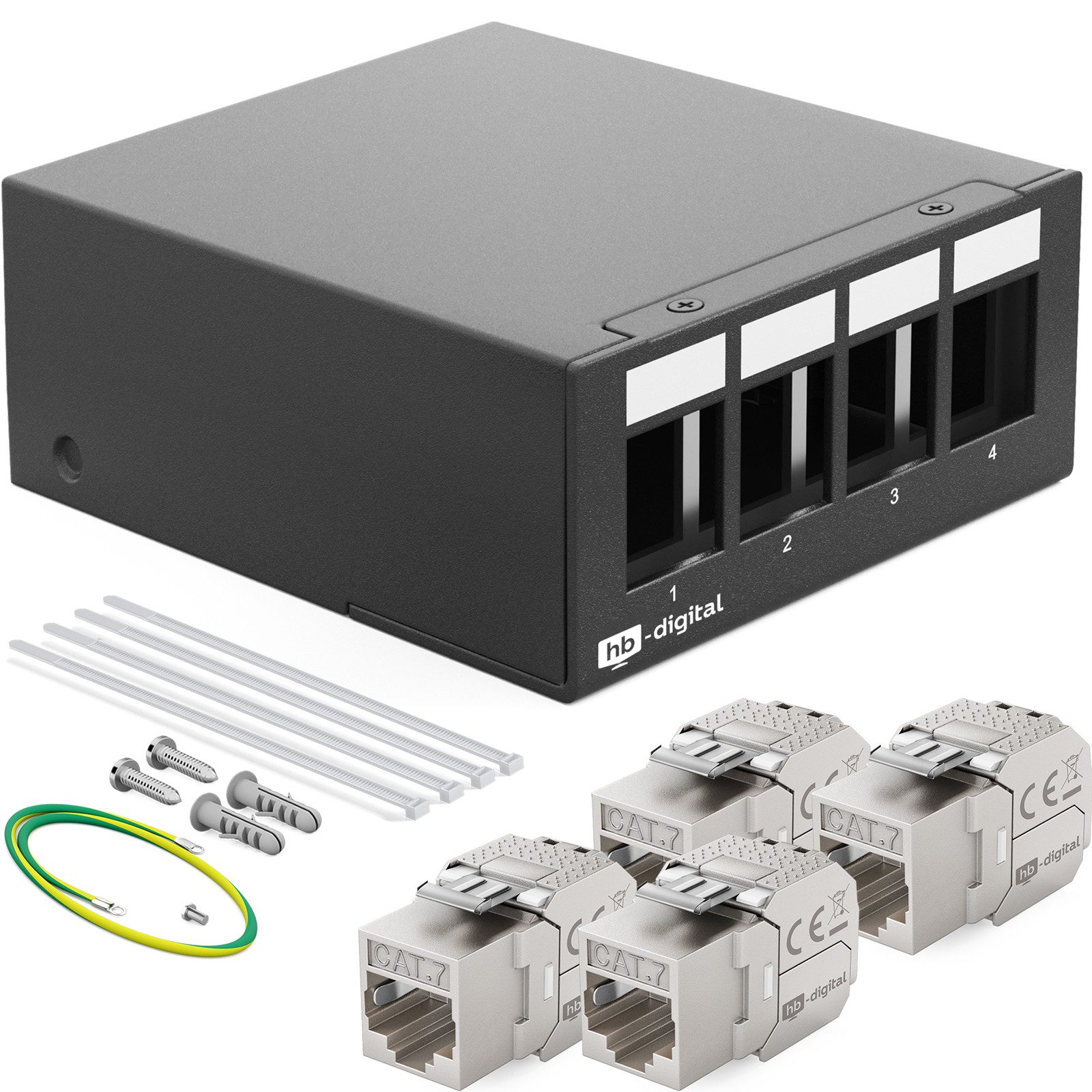 HB-DIGITAL Patchpanel 4 Port mit 4x Keystone Cat 7 Netzwerk schwarz Netzwerk-Panel (4 Port CAT 7, 1 HE, mit Cat 7 Keystone Modul RJ45)