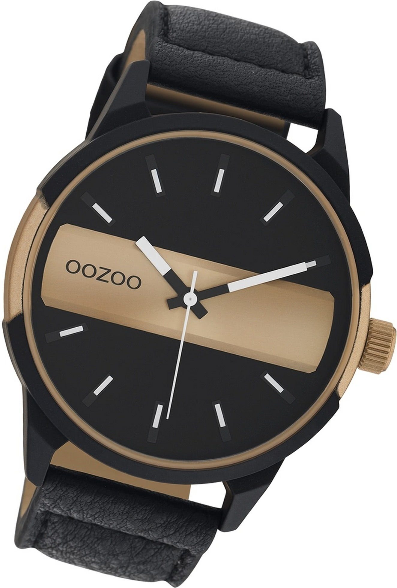 OOZOO Quarzuhr Oozoo Herren Armbanduhr Timepieces, Herrenuhr Lederarmband schwarz, rundes Gehäuse, extra groß (ca. 48mm) | Quarzuhren