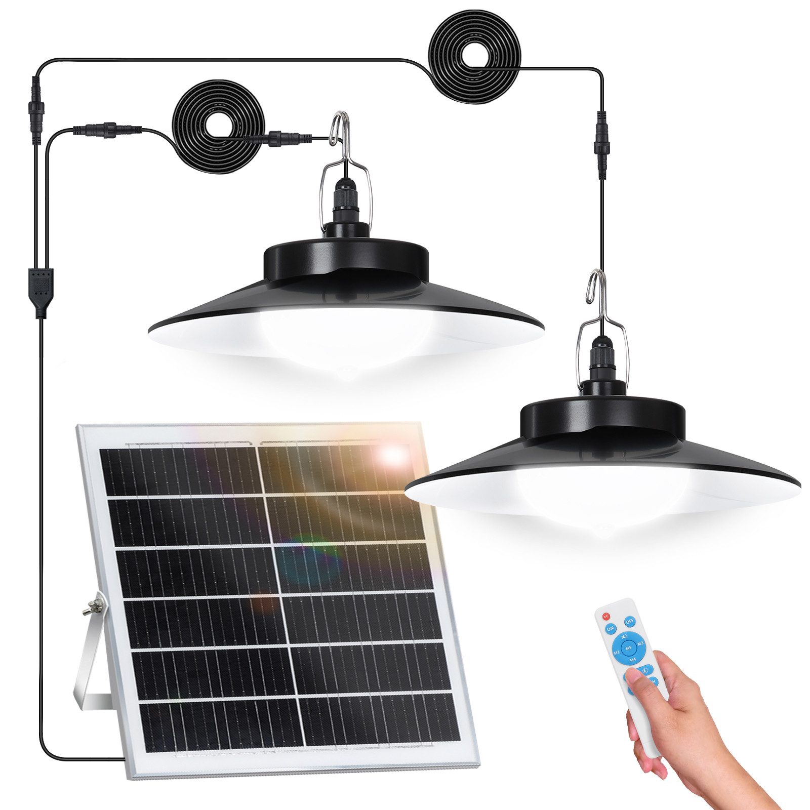 LMaxhome LED Solarleuchte Hängelampen Solar Deckenleuchte Outdoor, 5 Modi mit Fernbedienung IP65, Trennbar - 2 Lampen (Neu verbessert), LED fest integriert, Warmweiß/Kaltweiß Wahlbar, mit Bewegungsmelder und 5m Kabel, Solarlampe für Garten, Terrasse