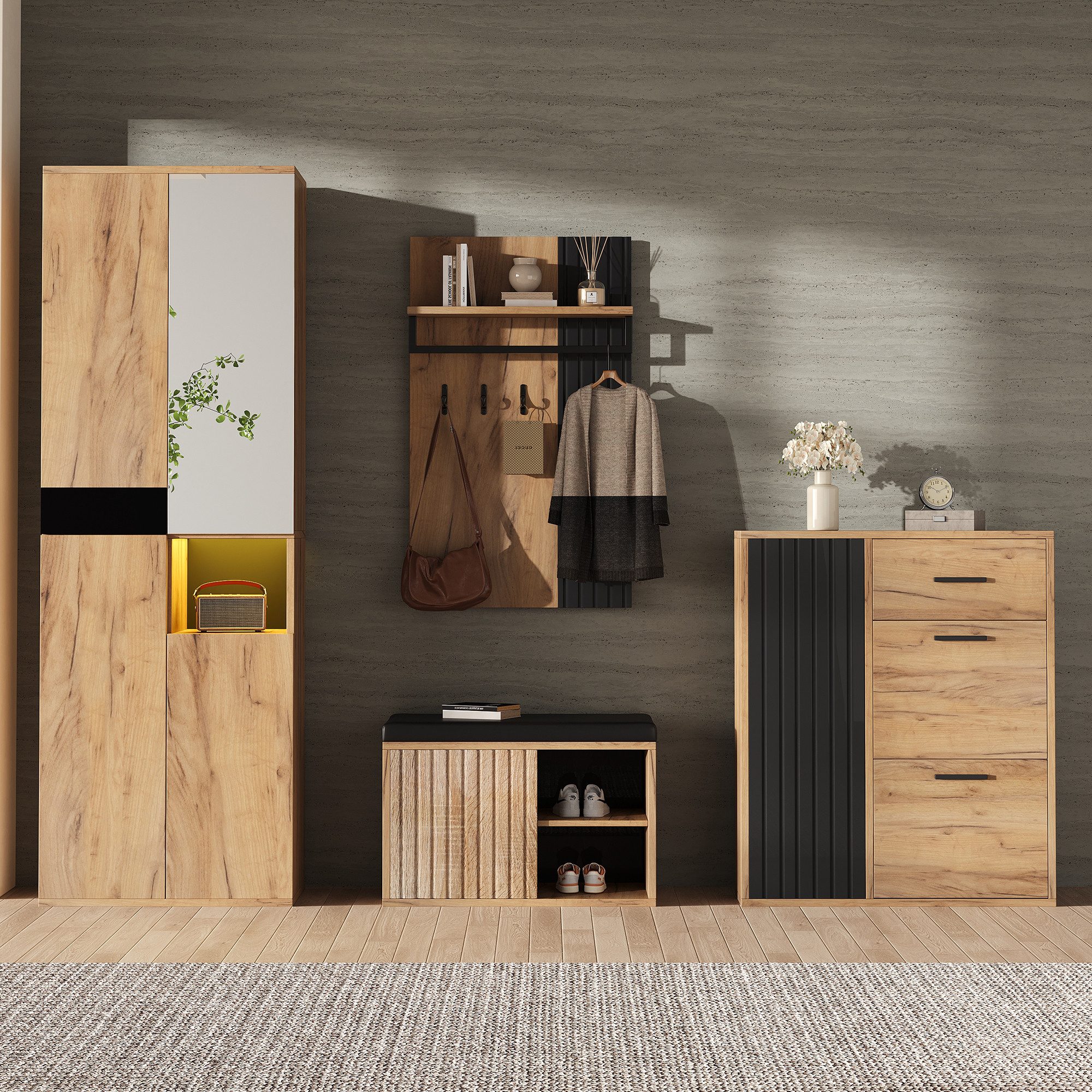 Merax Garderoben-Set 4-teilig Garderobenset, (1-St., Kleiderschrank, Schuhschrank, Schuhbank & Wandgarderobe), Flurmöbel, 215×36×190 cm