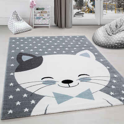 Kinderteppich Niedliches Katze design, Carpettex, Läufer, Höhe: 11 mm, Kinderteppich Katze Design Blau Baby Teppich Kinderzimmer Pflegeleicht
