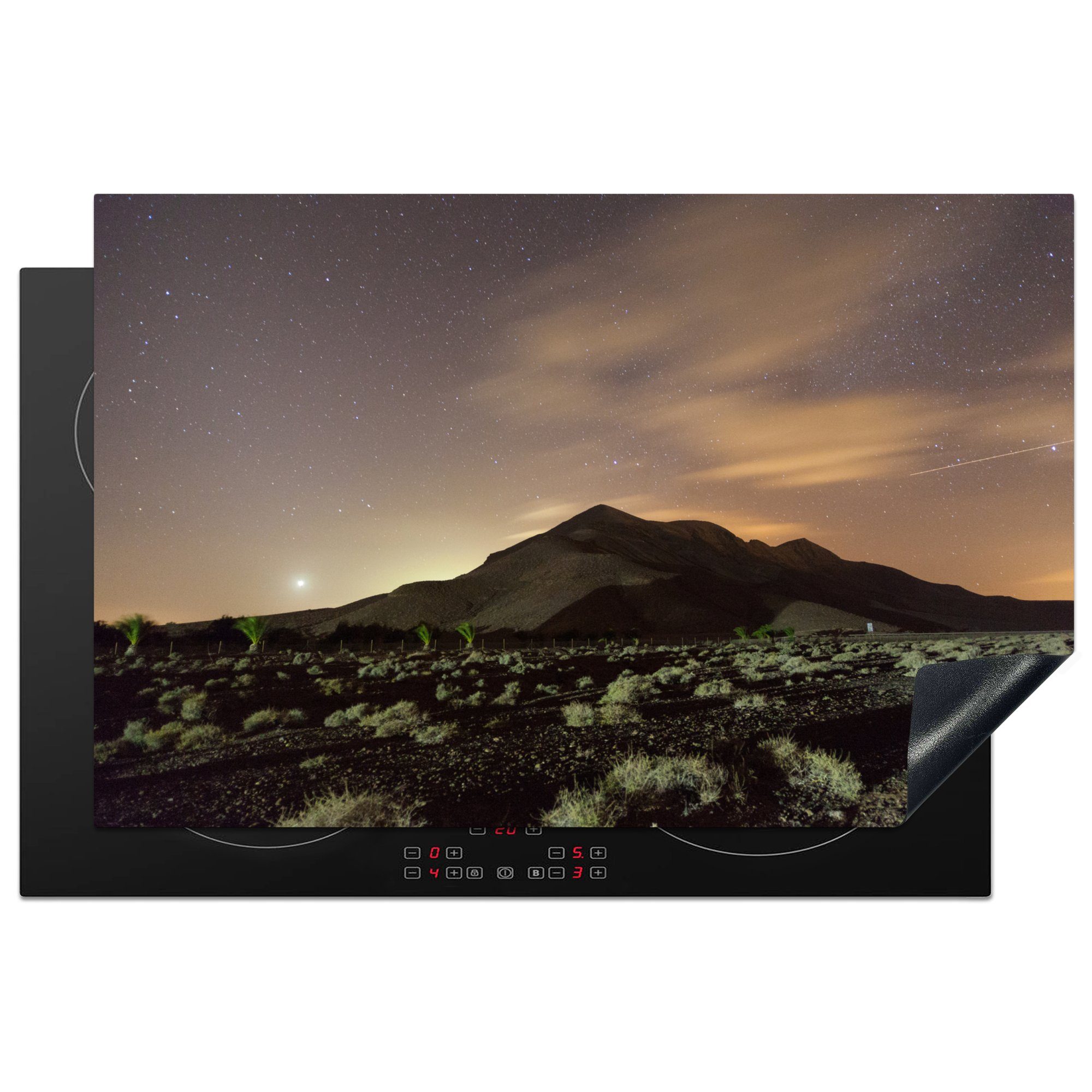 MuchoWow Herdblende-/Abdeckplatte Vulkanische Landschaft bei Nacht auf Lanzarote, Vinyl, (1 tlg), 81x52 cm, Induktionskochfeld Schutz für die küche, Ceranfeldabdeckung