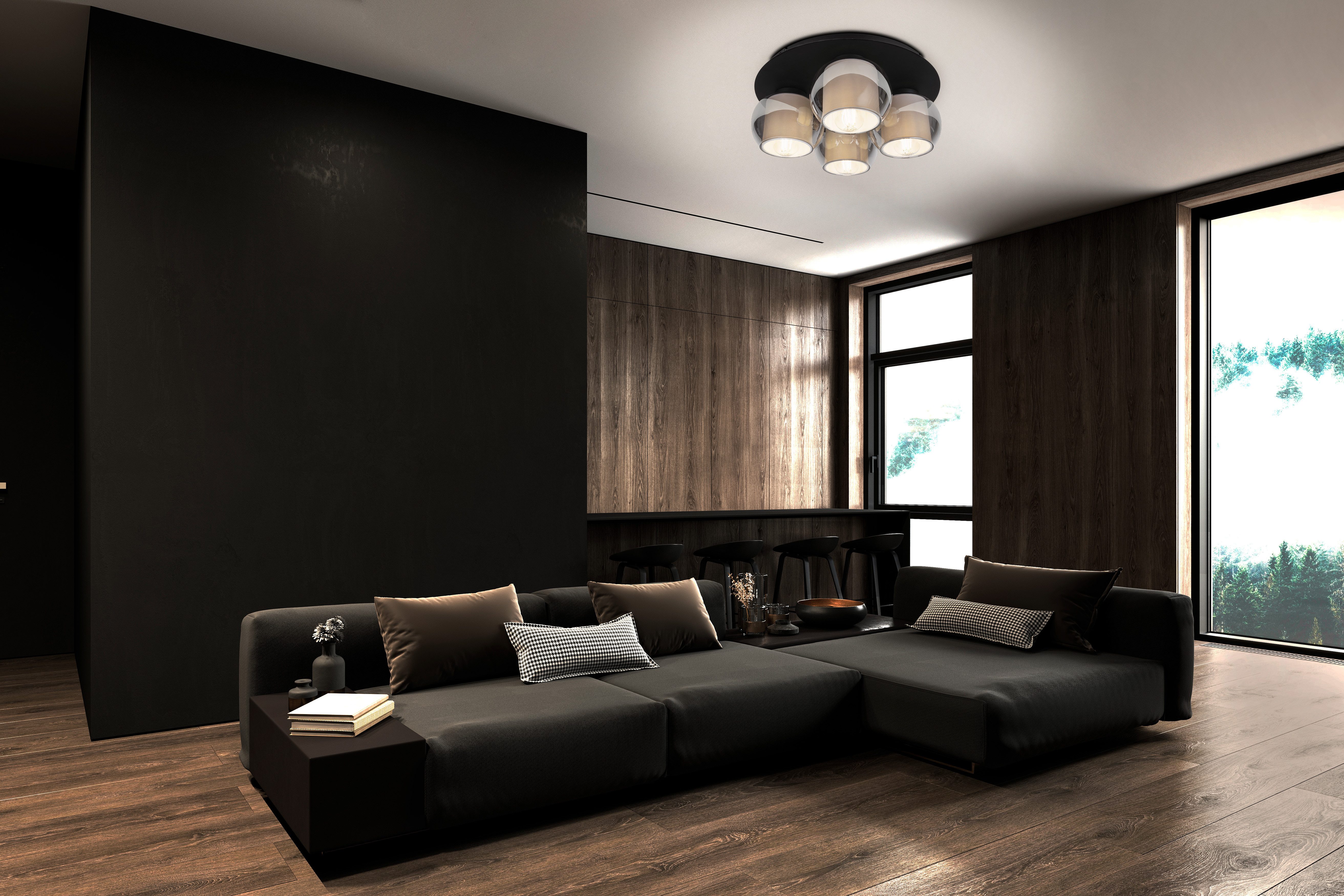 OTTO home Deckenleuchte Tanissa mit Doppelschirm, ohne Leuchtmittel, Deckenlampe rund Rauchglas, innen Stoffschirm, E27, Glasschirm, Textil