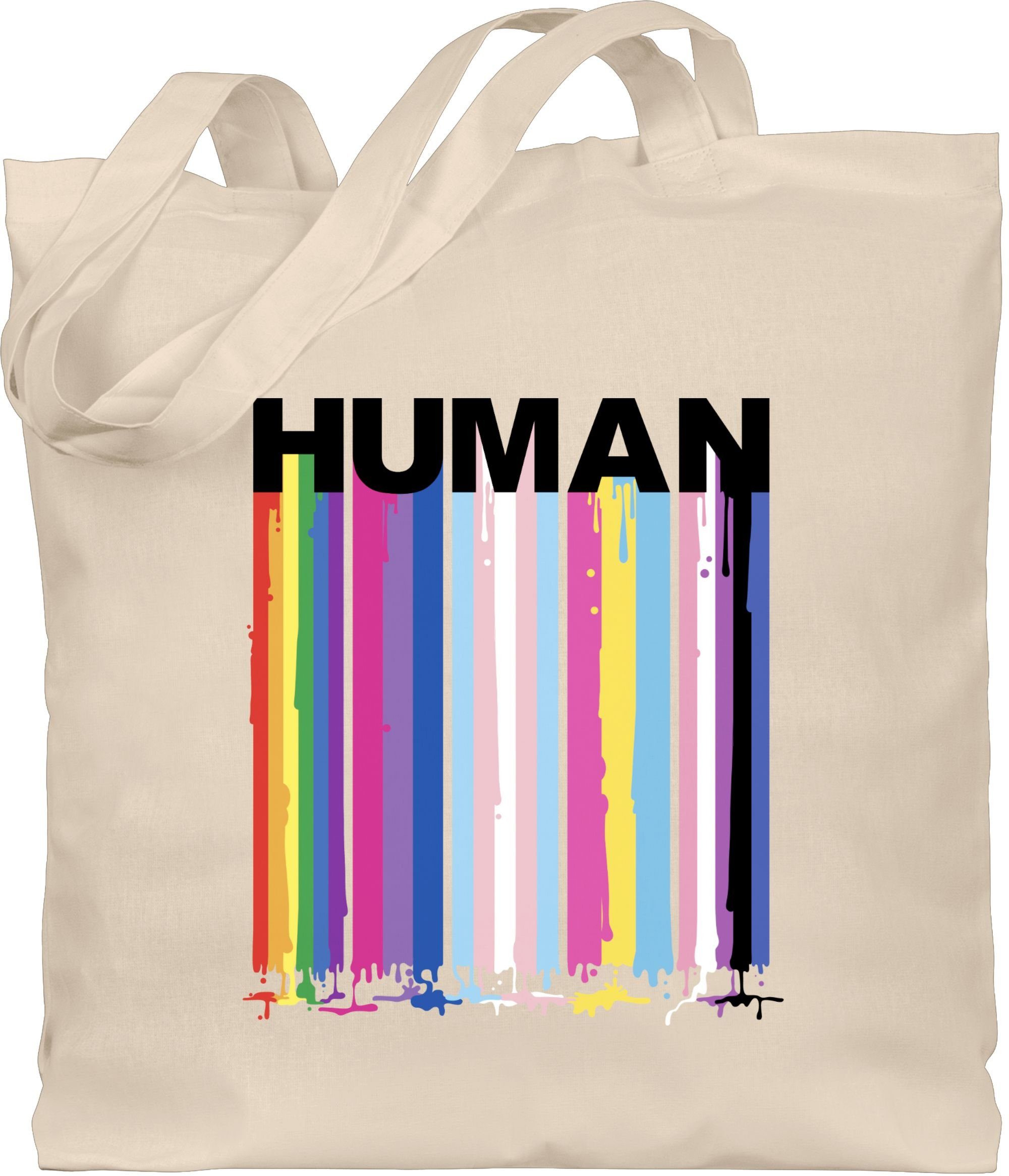 Shirtracer Umhängetasche HUMAN Blockschrift Regenbogen Tropfen, LGBT Farben Naturweiß 1 Kleidung