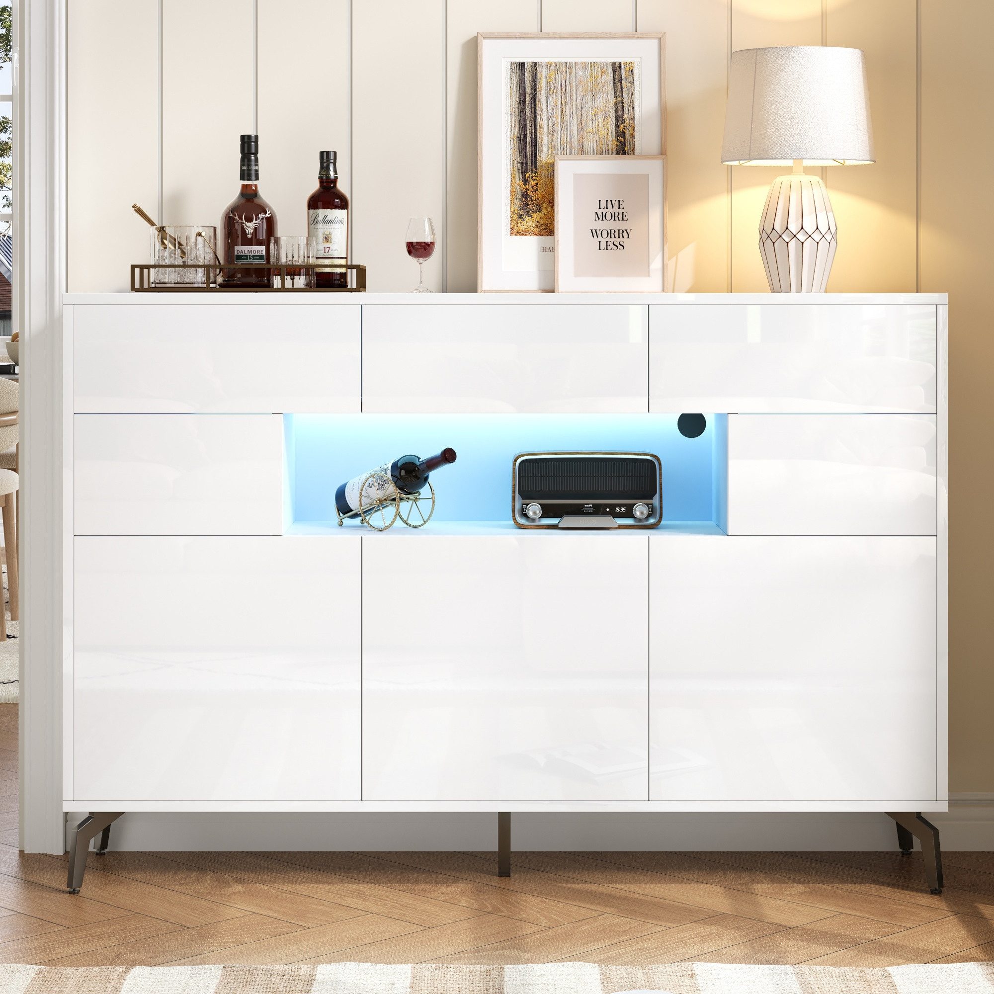 Flieks Kommode mit LED-Beleuchtung, 3 Schubladen und 5 Türen (1 St., 140x30x94 cm), Mehrzweckschrank Sideboard Wohnzimmerschrank hochglanz Weiß