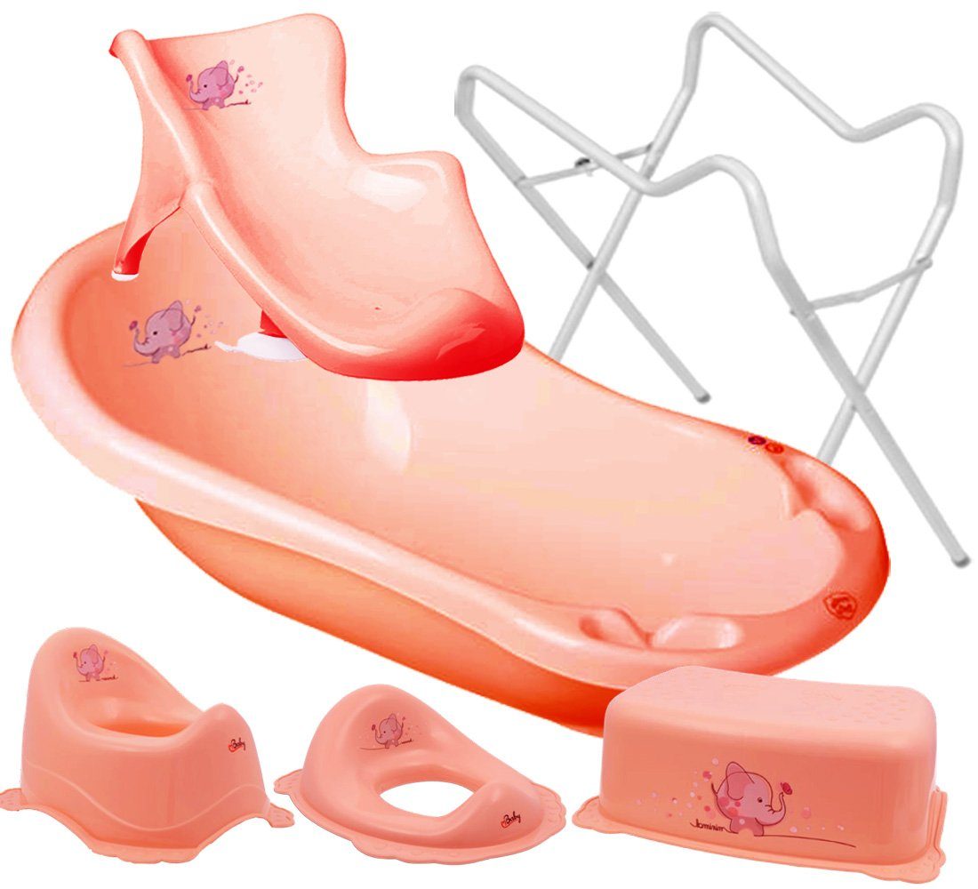 Maltex Babybadewanne 5 Teile Sitz, in -Baden, Gestell Rosa – + Aufsatz, 5 SET Wanne, Europe (Made Premium.set Topf, Elefant Weiß tlg+Ständer), Hocker, WC Ständer