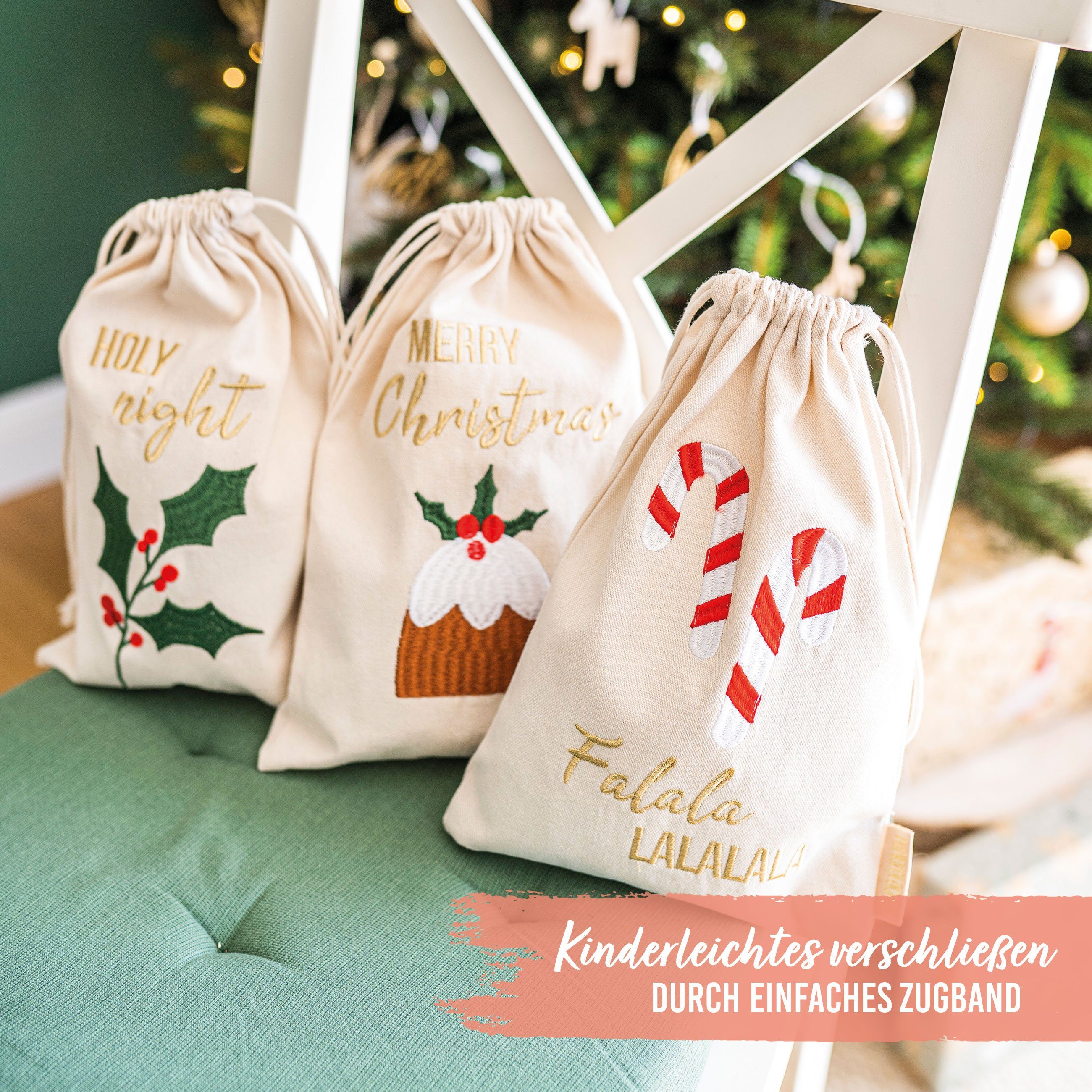 PAPIERDRACHEN Geschenkpapier 3 Geschenksäckchen zu Weihnachten - Geschenke nachhaltig einpacken, mit schöner Bestickung