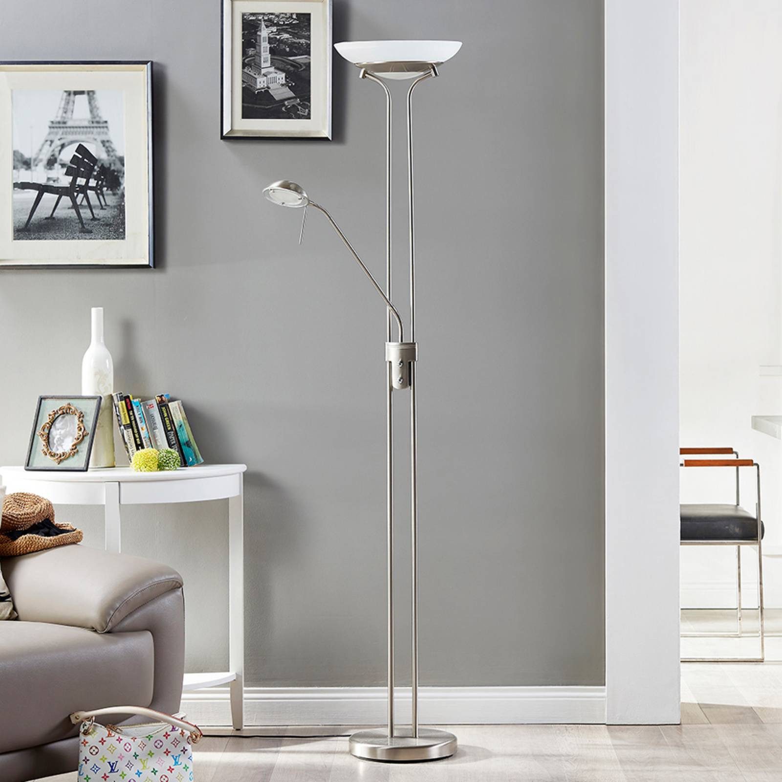 Lindby Stehlampe Yveta, LED, Metall, Alu warmweiß IP20, 1 x 20 W LED + 1 x 5 W LED, warmweiß