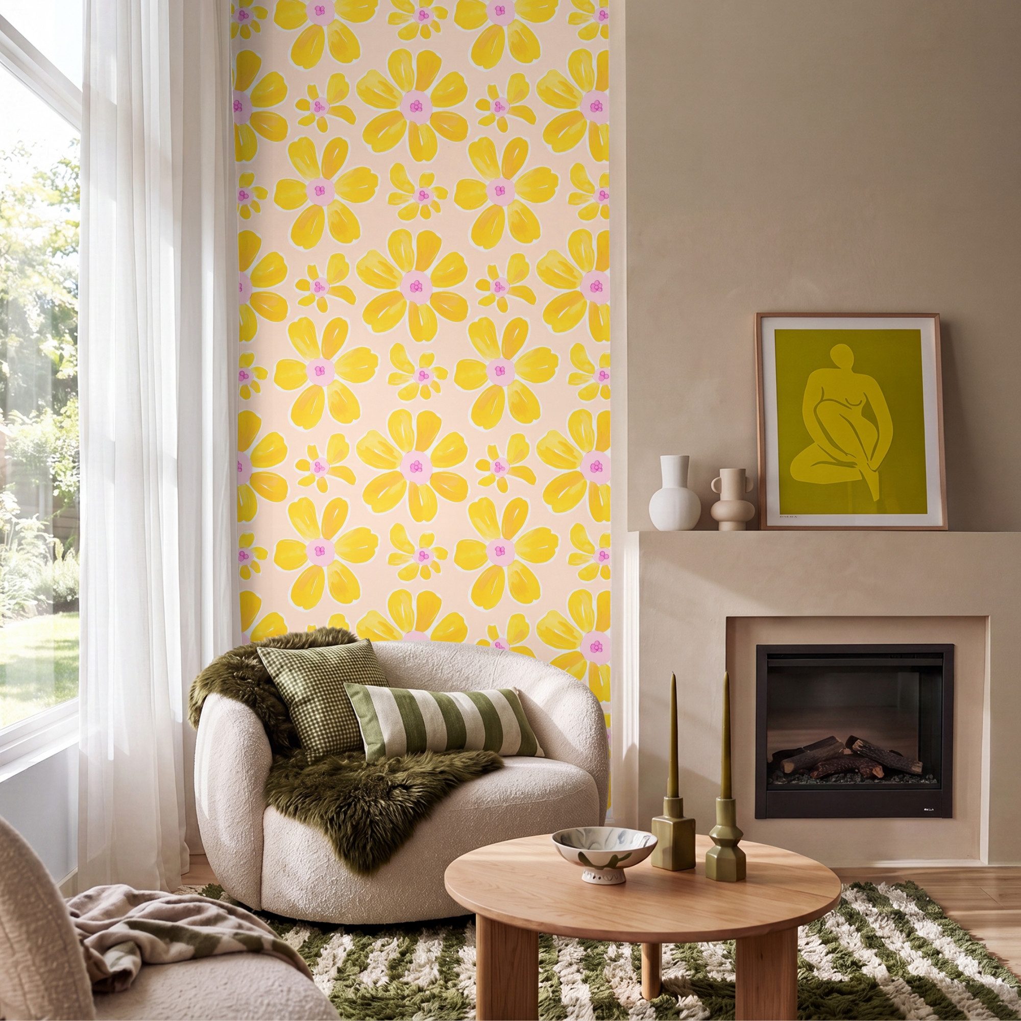OnlyWow Fototapete Sommerlich - Blumen - Gelb, Matt, bedruckt, Wandtapete, Schlafzimmer, bedruckt 100x220cm