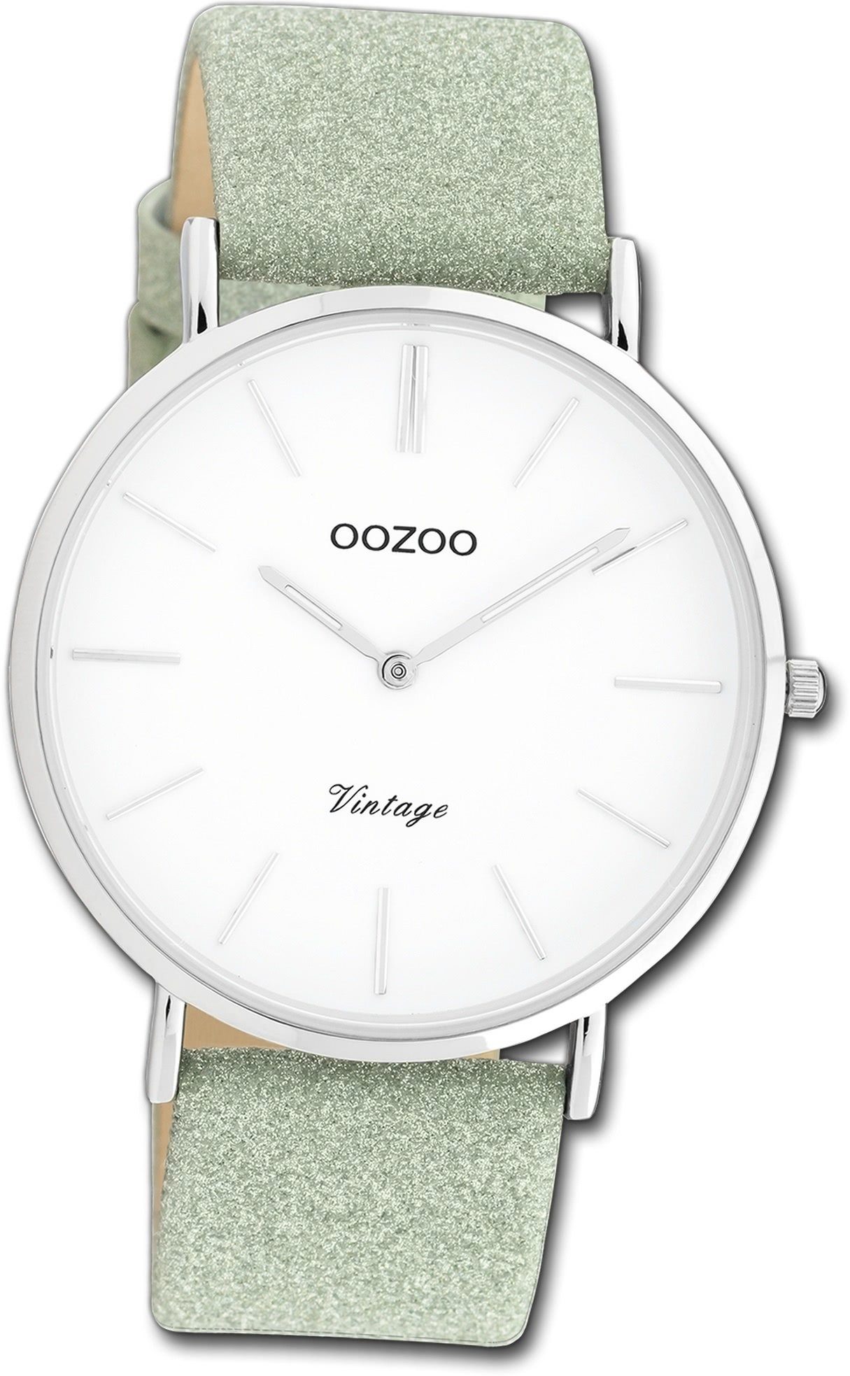 OOZOO Quarzuhr Oozoo Damen Armbanduhr Ultra Slim, Damenuhr Lederarmband grün, rundes Gehäuse, groß (ca. 40mm) | Quarzuhren