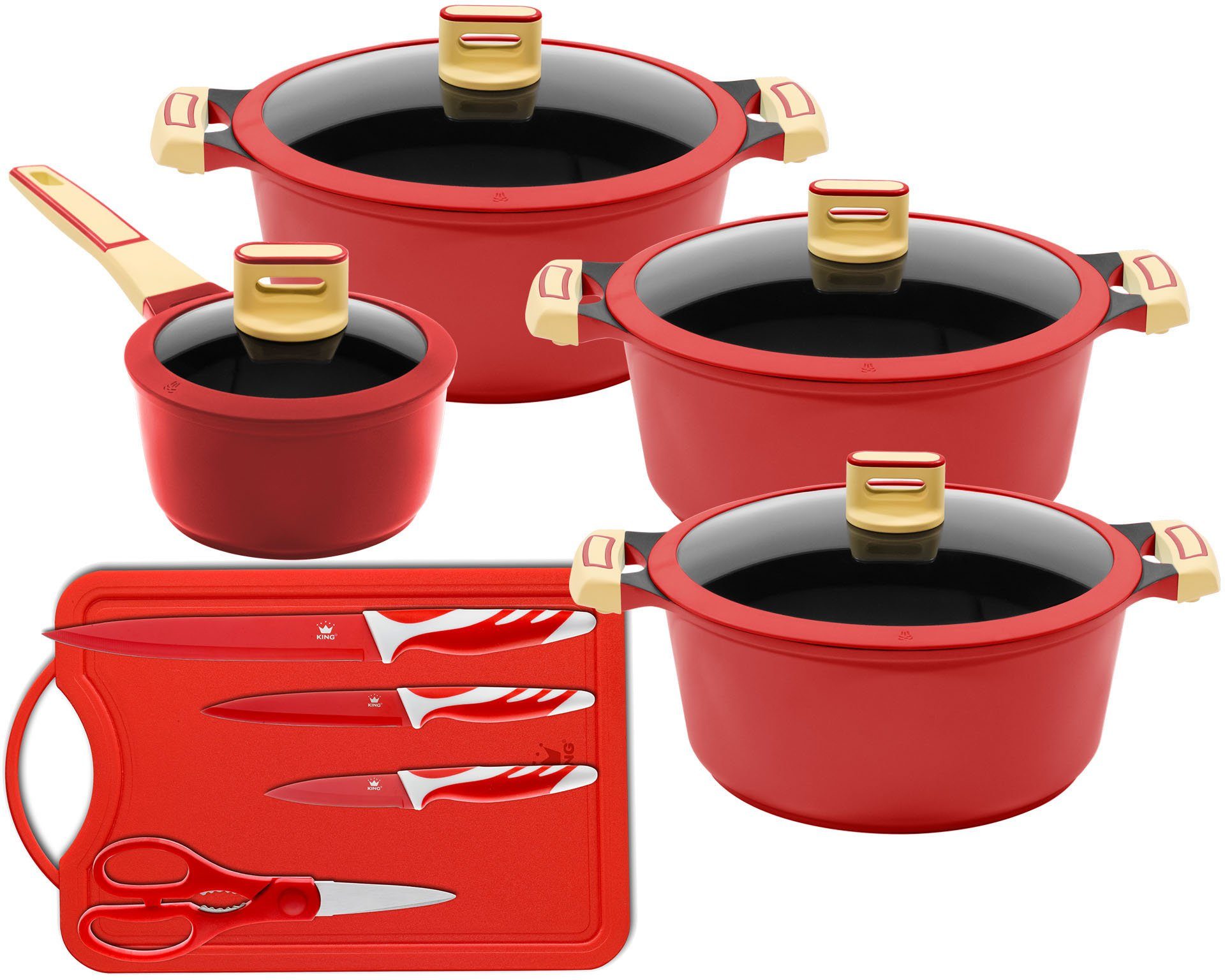 KING Topf-Set GOURMET, Aluminiumguss (Set, 13-tlg., je 1 Kochtopf 18/20/24 cm, 1 Stieltopf 16 cm, Schneidebrett, Messerset), Antihaft-Beschichtung, Induktion