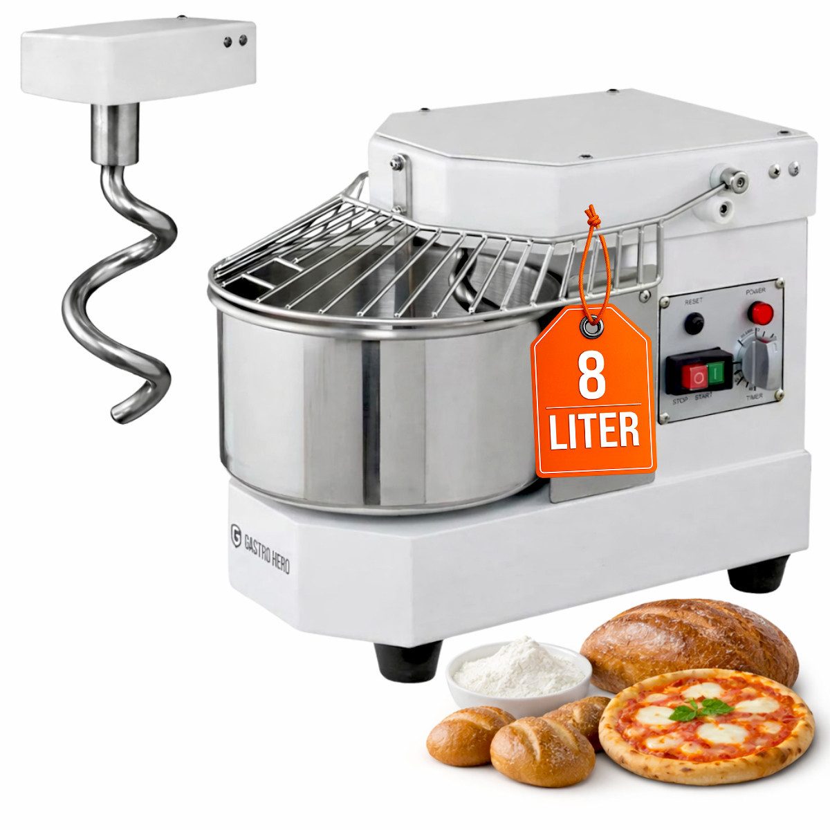 GastroHero Küchenmaschine Teigknetmaschine für max. 3 kg Teig - 8 Liter - 230 V für Pizzerien, 450 W, 8 l Schüssel, fester Kopf, zur …